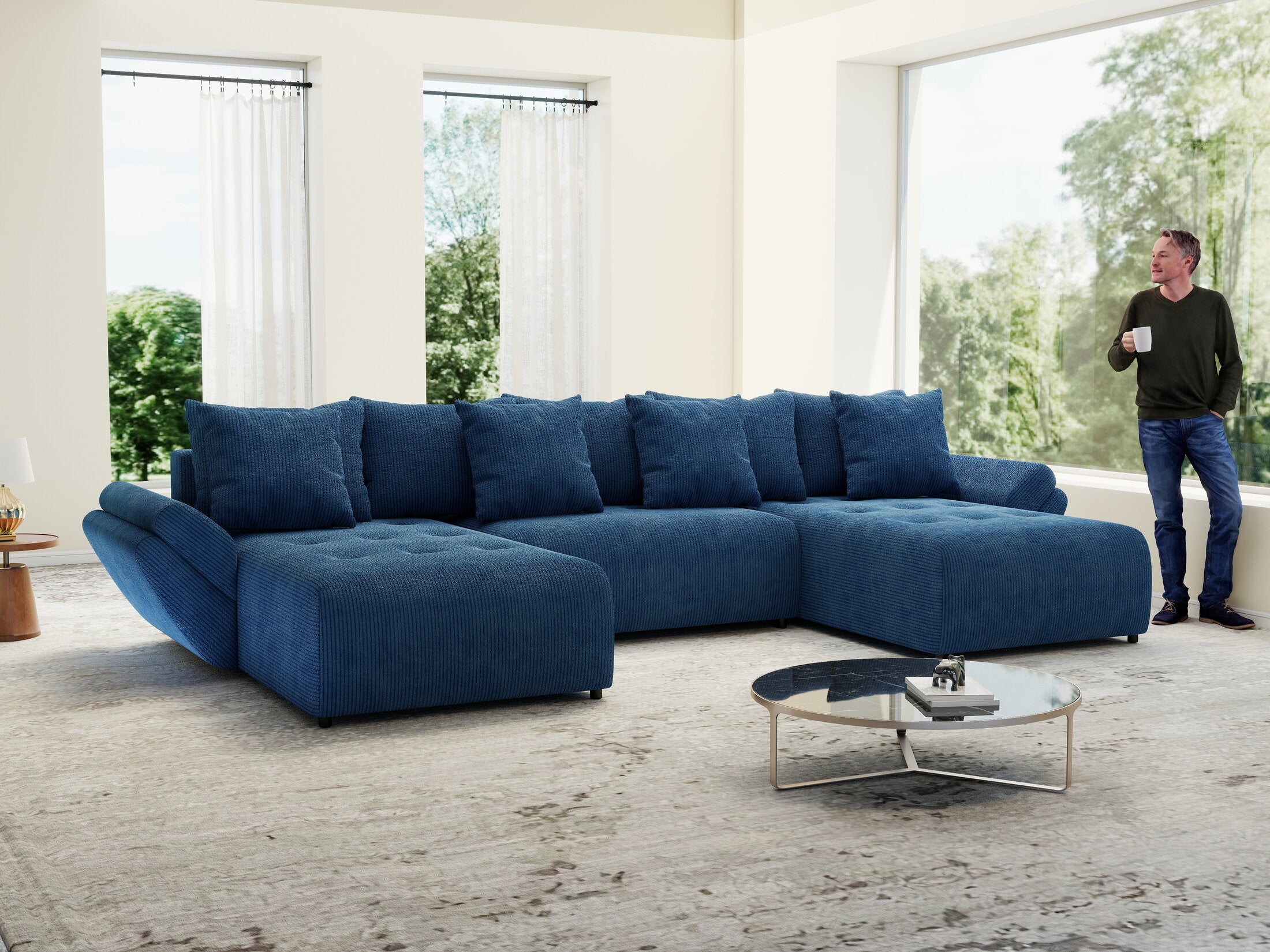 Colțar extensibil dumonde cu ladă de depozitare Berlin U Zoom Blue 400x185 cm