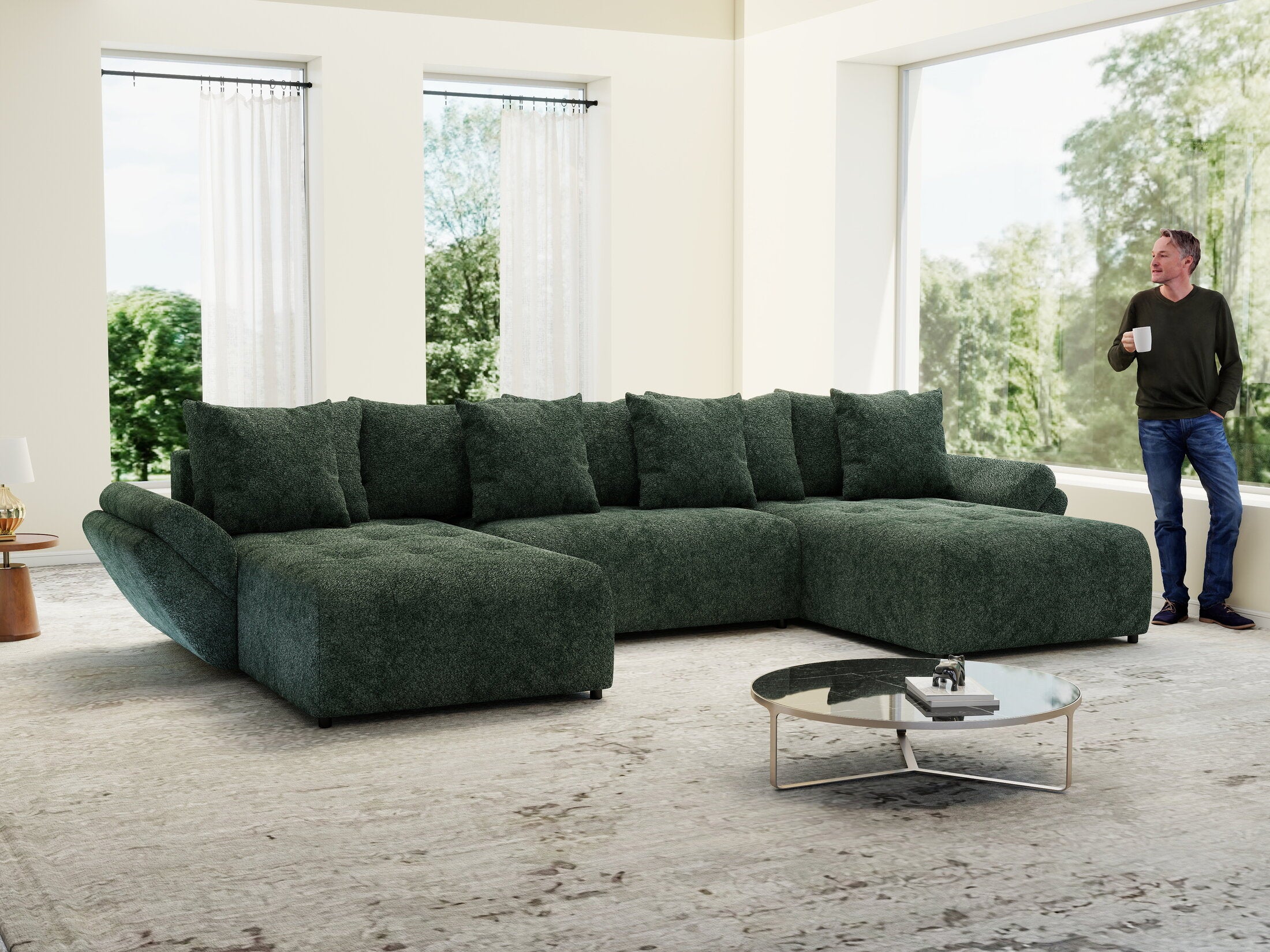 Colțar extensibil dumonde cu ladă de depozitare si sezut confortabil din spuma HR, Berlin U Euphoria Verde 380x180 cm