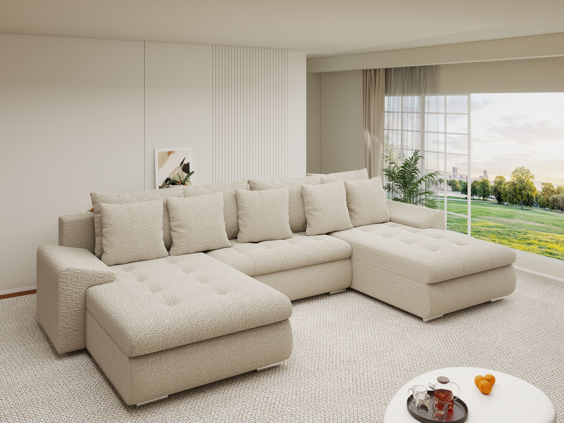 Colțar extensibil dumonde cu ladă de depozitare si sezut confortabil din spuma high-density, Leonardo U Jaguar Bej 04 360x185 cm