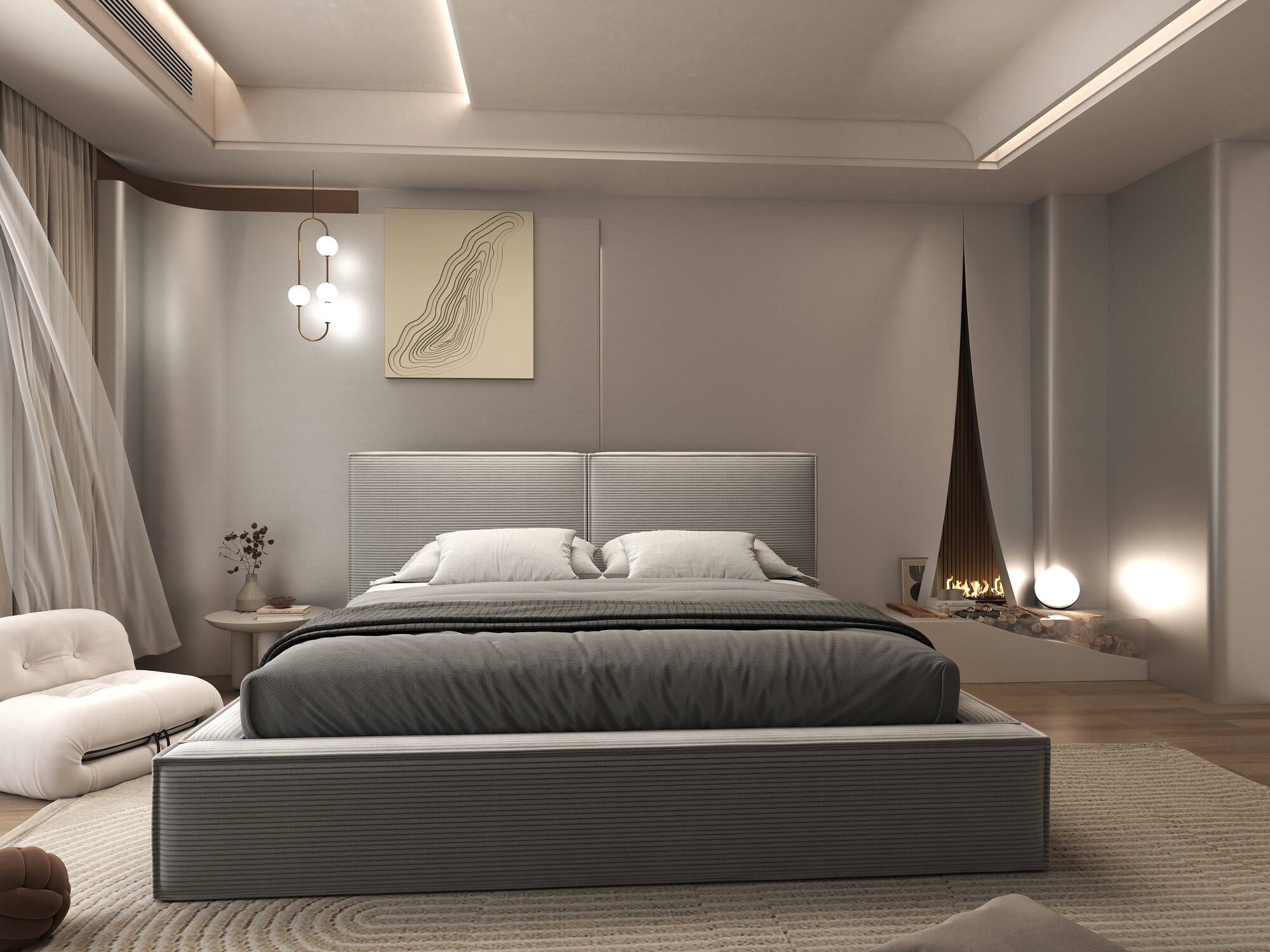 Pat dormitor dumonde, tapitat gri, Bogart 180x200 cm, somiera rabatabila inclusa, spatiu depozitare