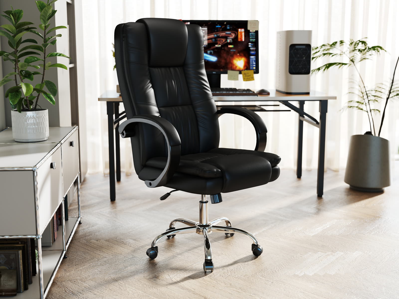 Scaun Dumonde IRONCLAD, cotiere 3D, mecanism multifuncțional, ecopiele, suport picioare, negru