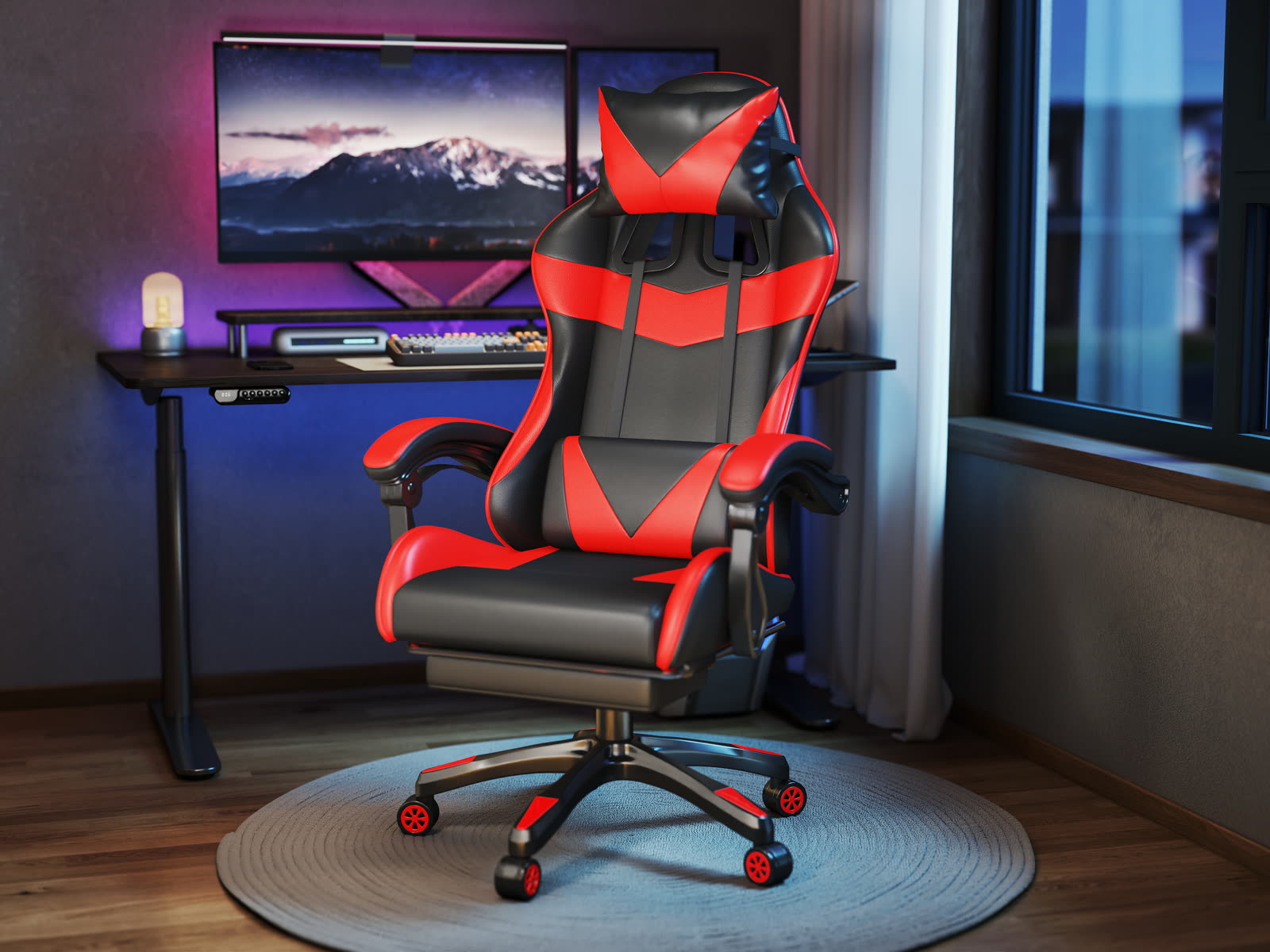 Scaun gaming Dumonde RIFT, mecanism multifuncțional, ecopiele, suport picioare, rosu/negru