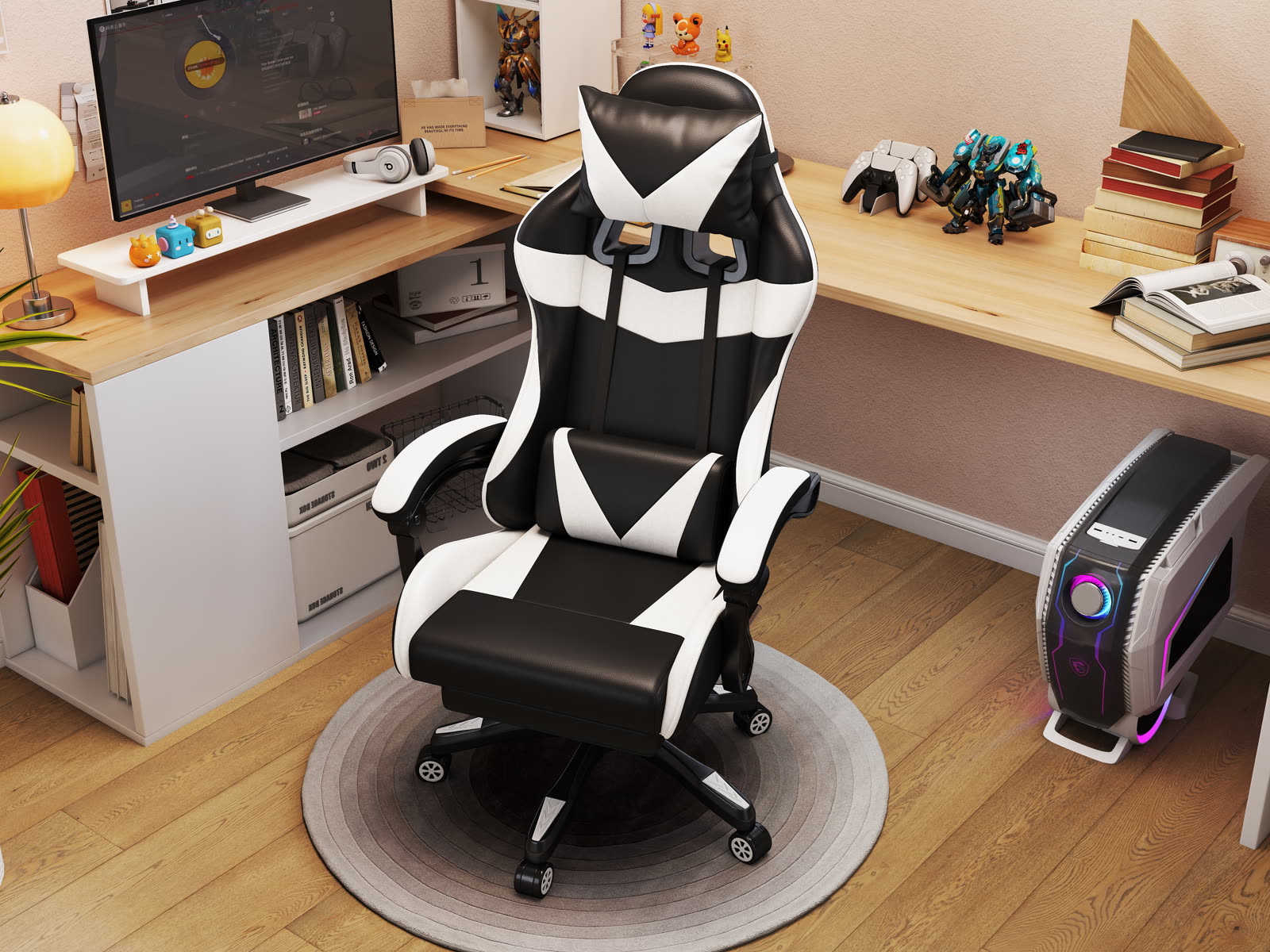 Scaun gaming Dumonde HELLION, mecanism multifuncțional, ecopiele, suport picioare, alb/negru