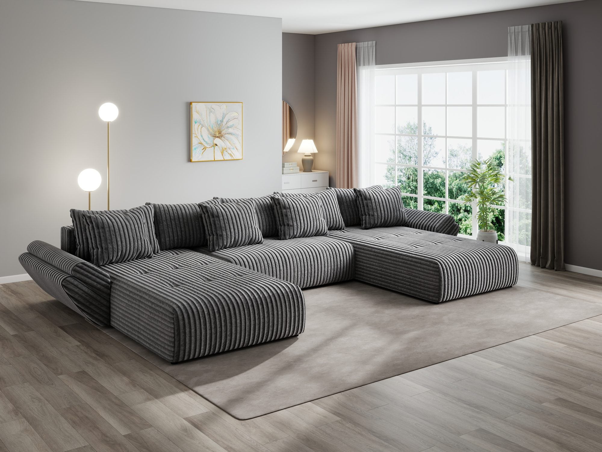 Colțar extensibil dumonde cu ladă de depozitare si sezut confortabil din spuma high-density, Berlin U Tilia Gri 90 380x180 cm