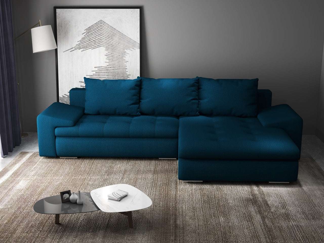 Colțar extensibil dumonde cu ladă de depozitare si sezut confortabil din spuma HR, Leonardo Enjoy Petrol 260x185 cm II Fabrica