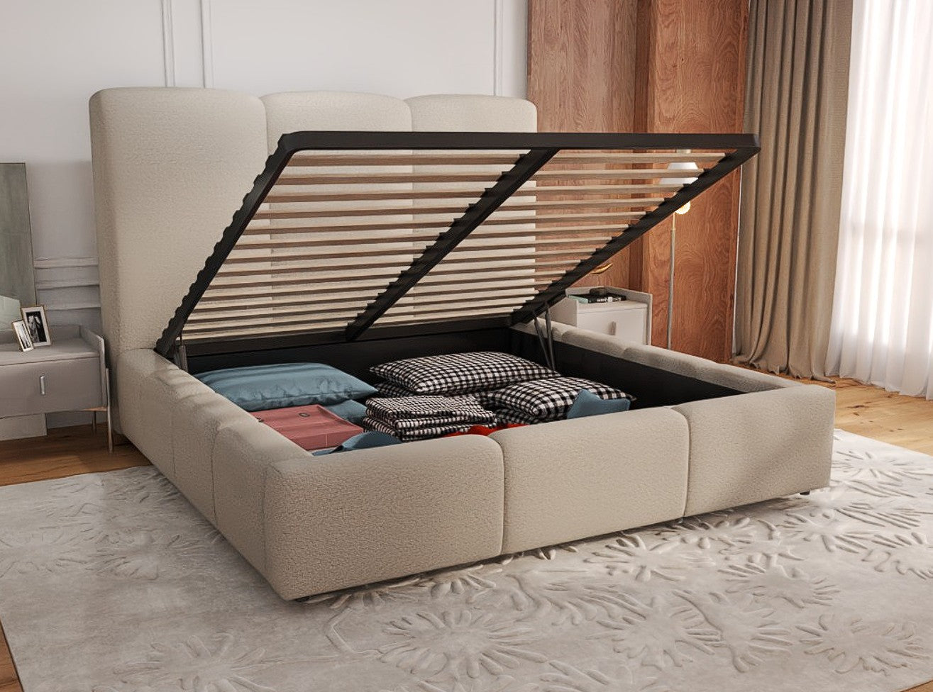 Pat dormitor dumonde, tapitat gri, Dinasty 160x200 cm, somiera rabatabila inclusa, spatiu depozitare