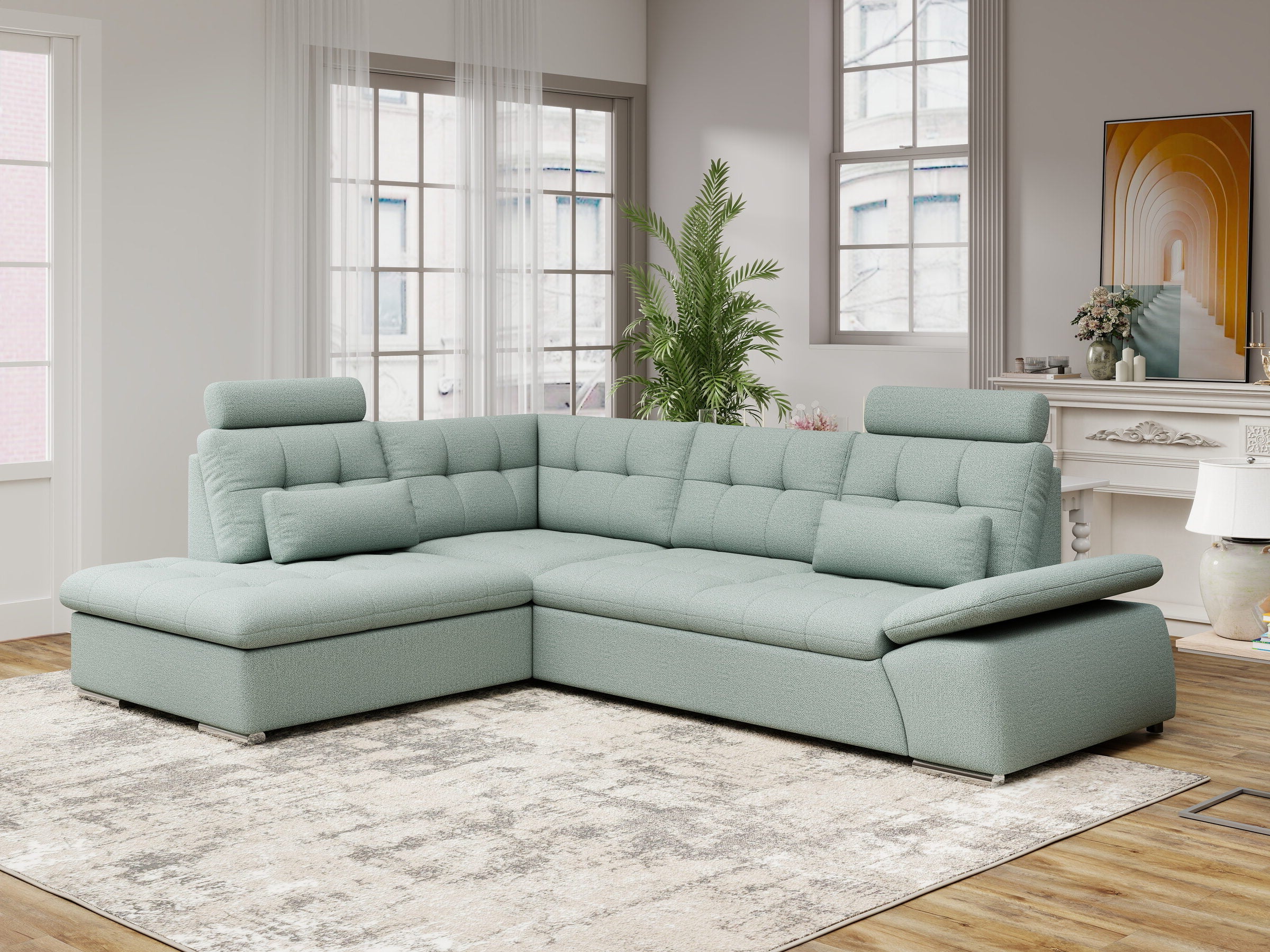 Colțar extensibil dumonde cu ladă de depozitare și șezut confortabil din spumă HR, Merkur XL Enjoy Verde Mint 256x217 cm