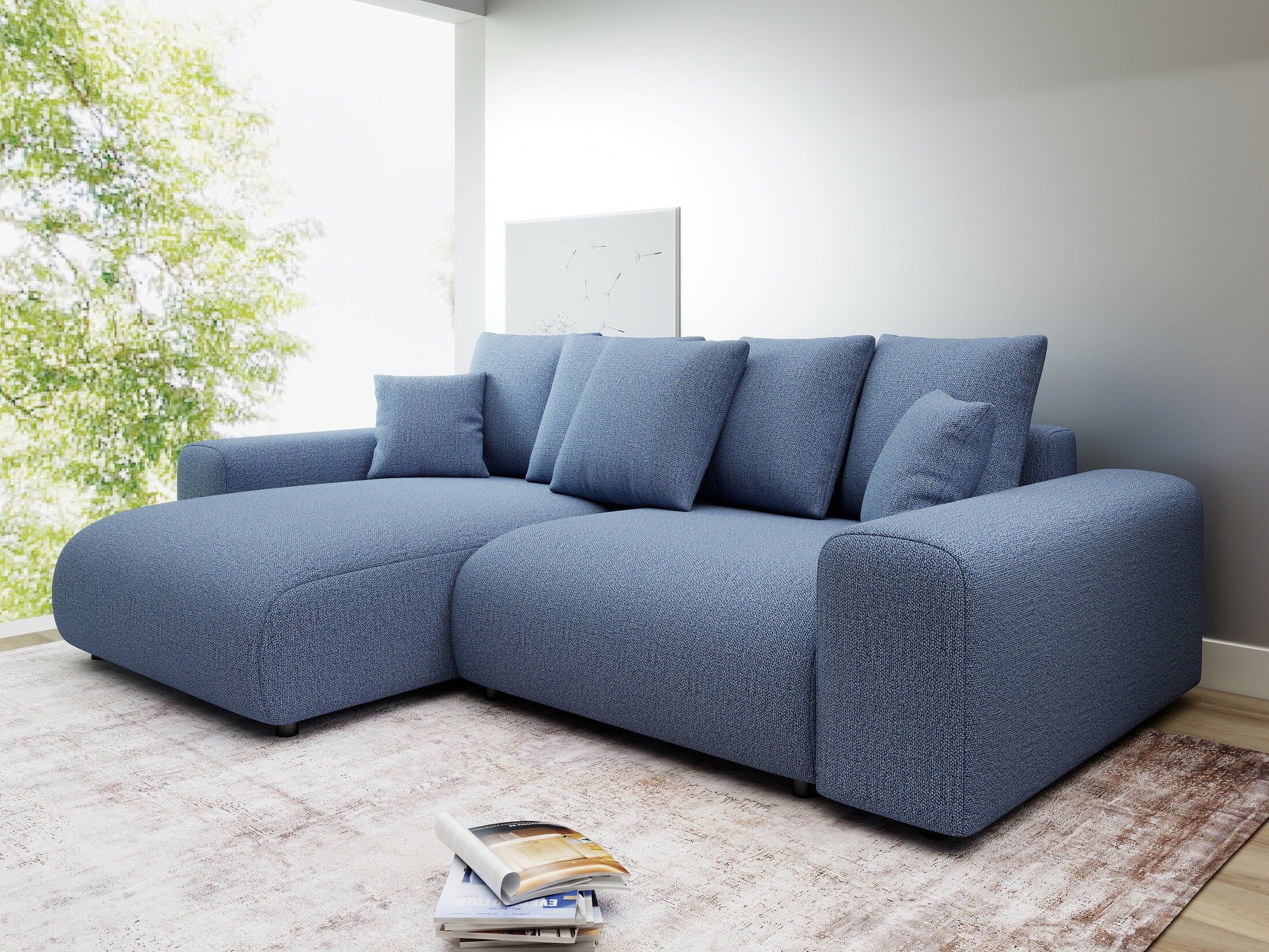 Colțar extensibil dumonde cu ladă de depozitare și șezut confortabil din spumă HR, Luma Enjoy Albastru 255x168 cm