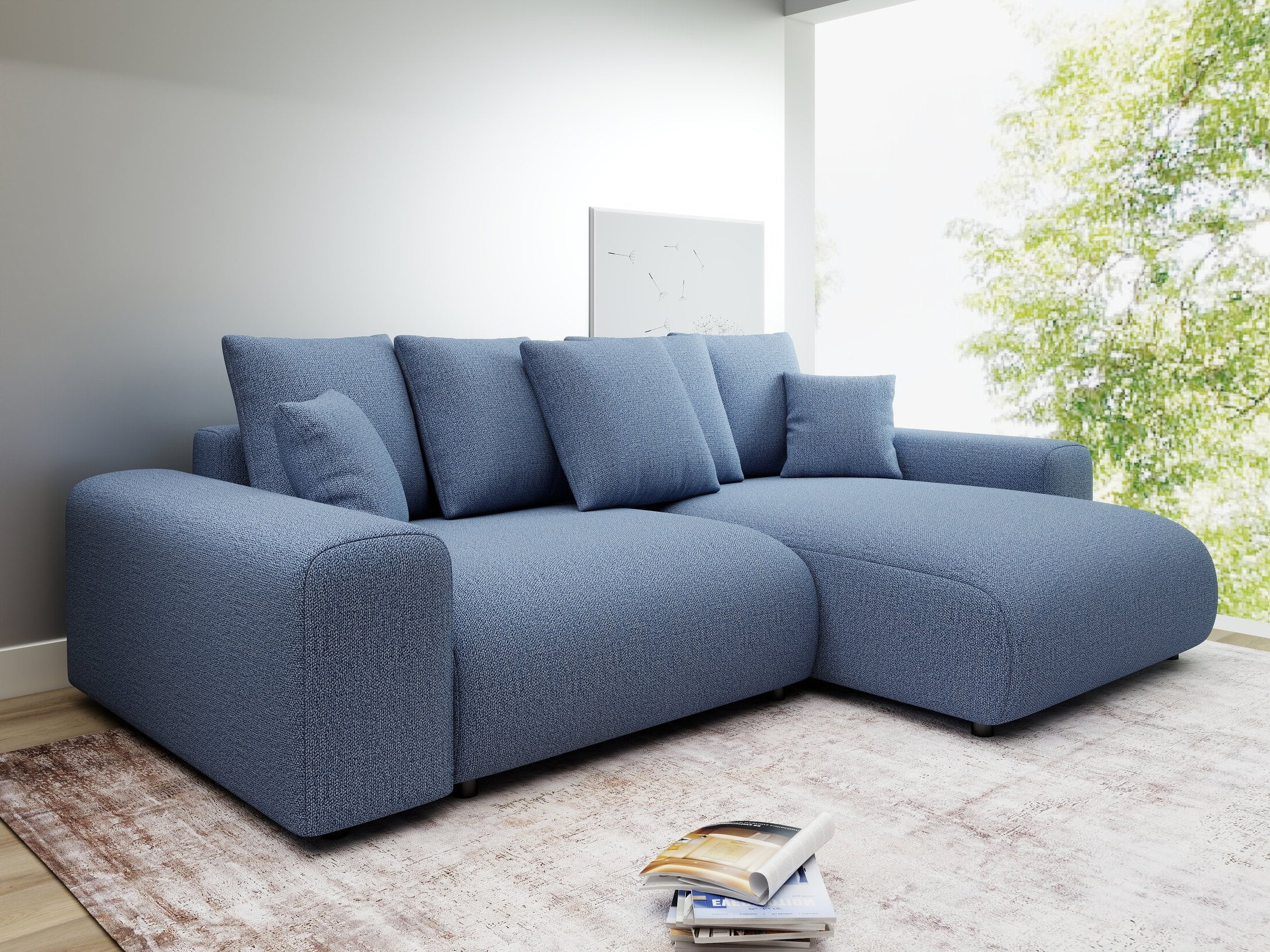 Colțar extensibil dumonde cu ladă de depozitare și șezut confortabil din spumă HR, Luma Enjoy Albastru 255x168 cm II