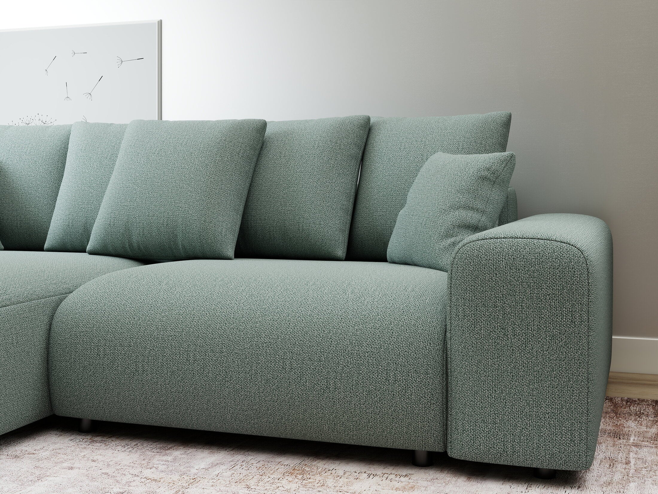 Colțar extensibil dumonde cu ladă de depozitare și șezut confortabil din spumă HR, Luma Enjoy Verde Mint 255x168 cm