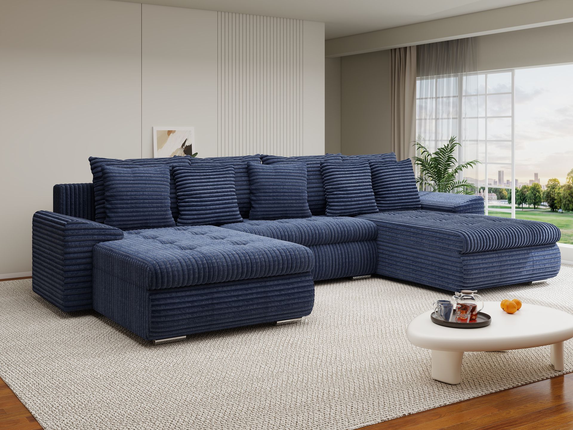 Colțar extensibil dumonde cu ladă de depozitare si sezut confortabil din spuma high-density, Leonardo U Tilia Albastru 77 360x185 cm