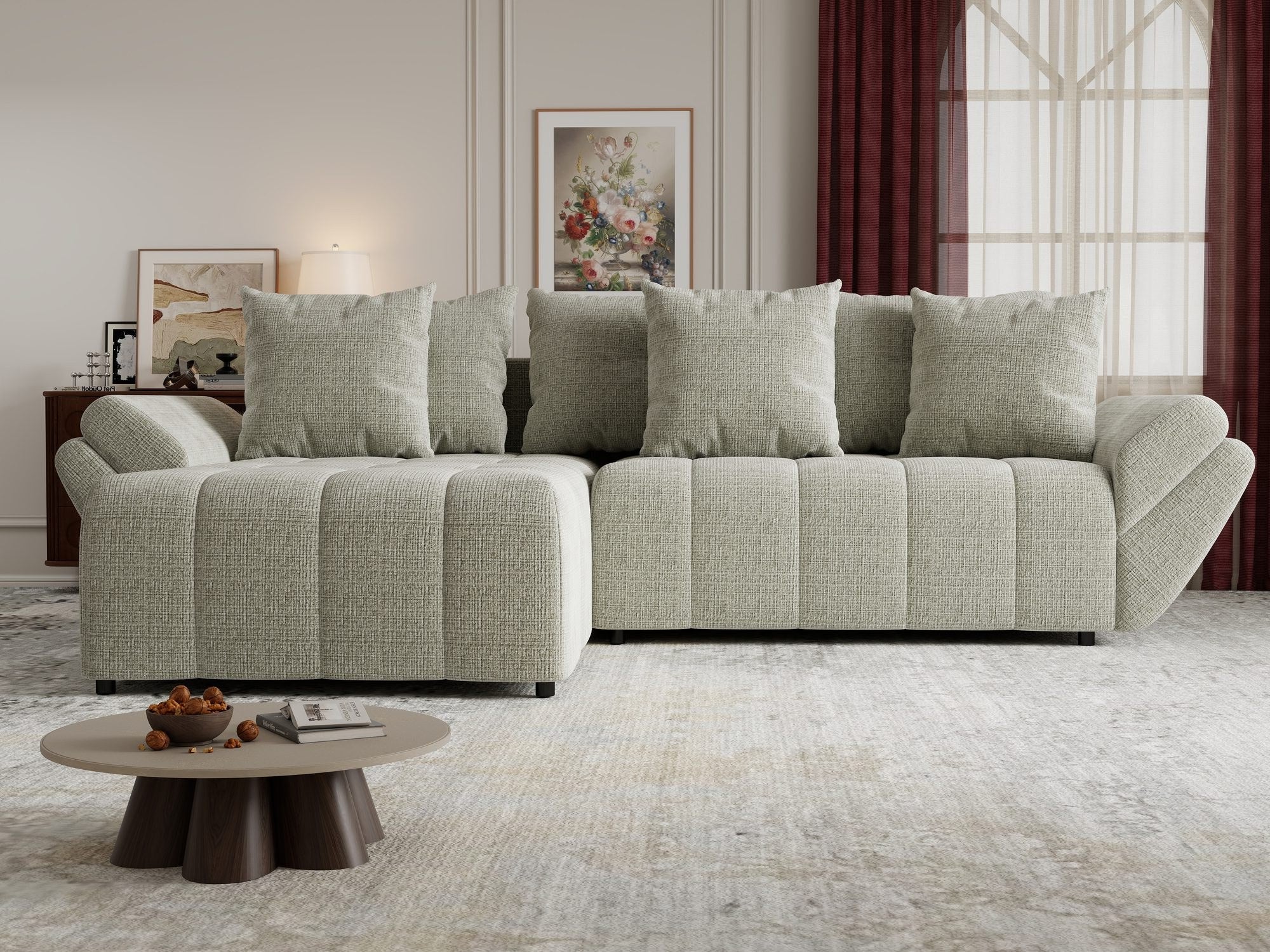 Colțar extensibil dumonde cu ladă de depozitare si sezut confortabil din spuma high-density, Berlin Cremona Bej 04 280x185 cm