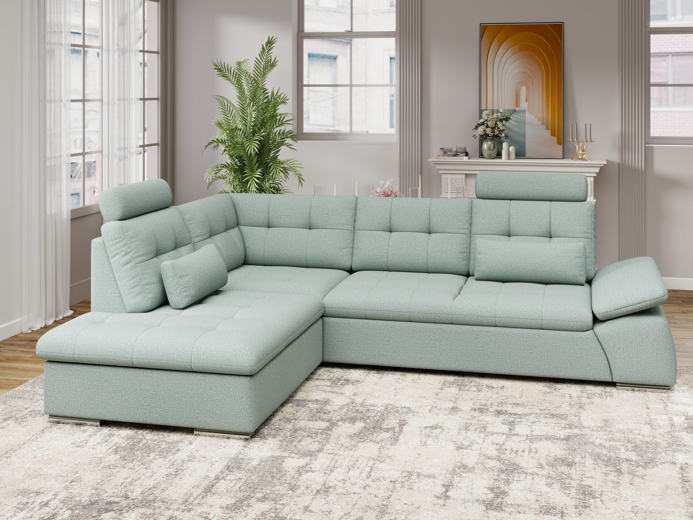 Colțar extensibil dumonde cu ladă de depozitare și șezut confortabil din spumă HR, Merkur XL Enjoy Verde Mint 256x217 cm