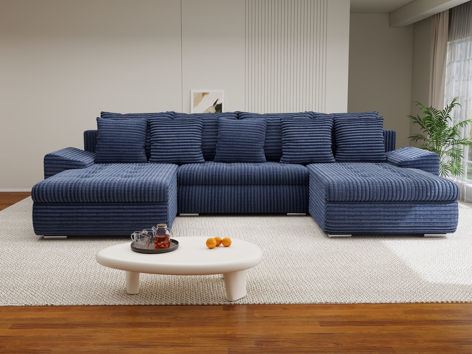 Colțar extensibil dumonde cu ladă de depozitare si sezut confortabil din spuma high-density, Leonardo U Tilia Albastru 77 360x185 cm