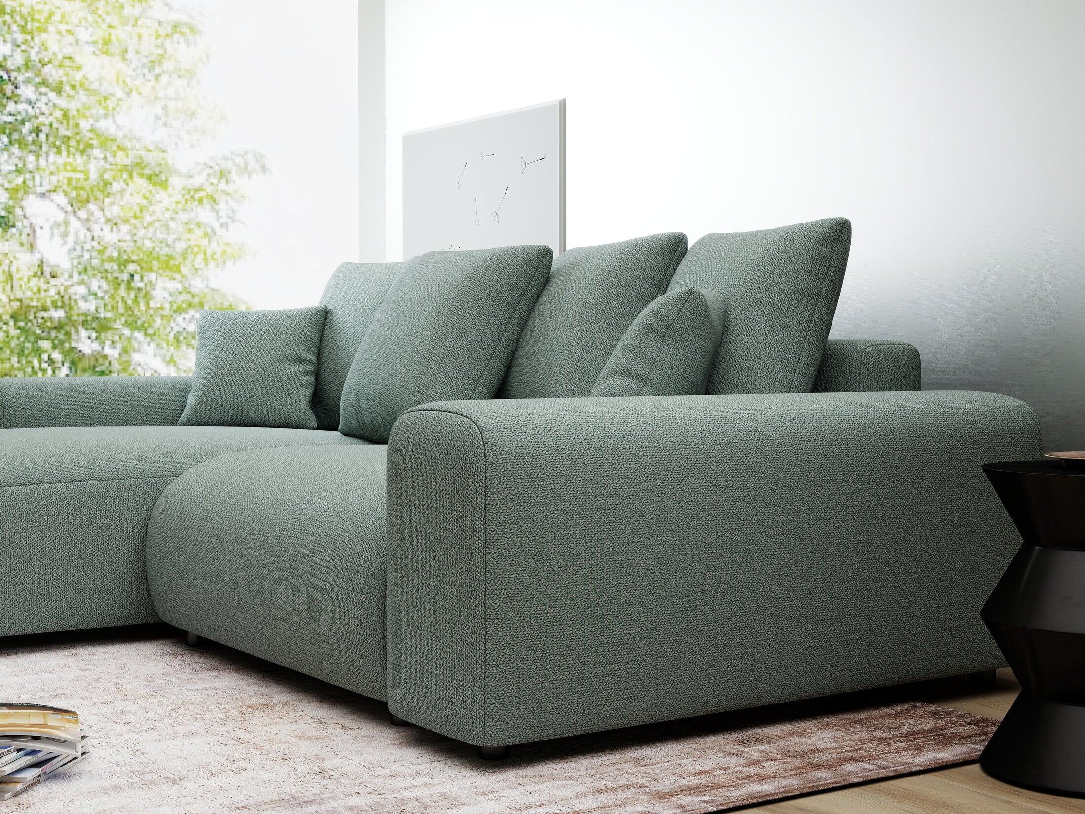 Colțar extensibil dumonde cu ladă de depozitare și șezut confortabil din spumă HR, Luma Enjoy Verde Mint 255x168 cm