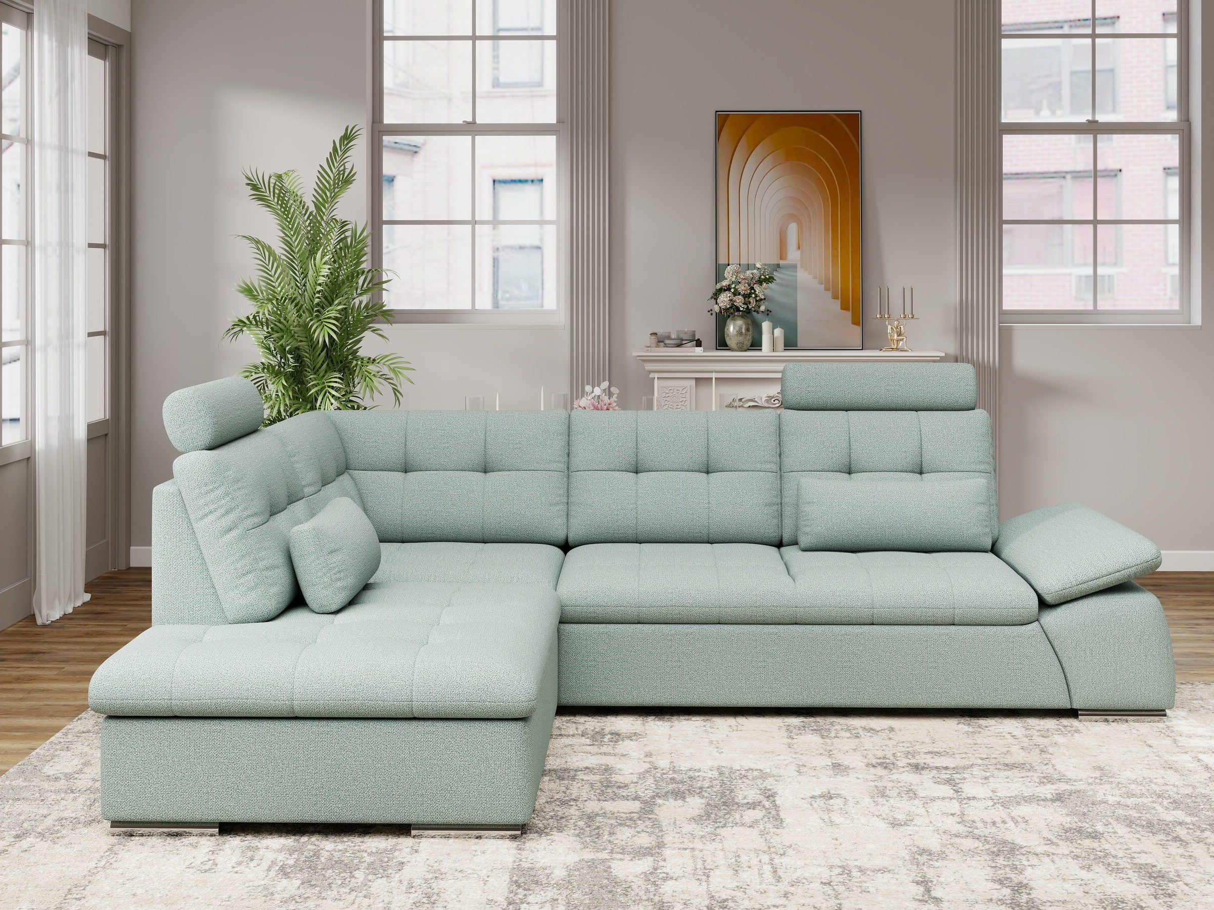 Colțar extensibil dumonde cu ladă de depozitare și șezut confortabil din spumă HR, Merkur XL Enjoy Verde Mint 256x217 cm