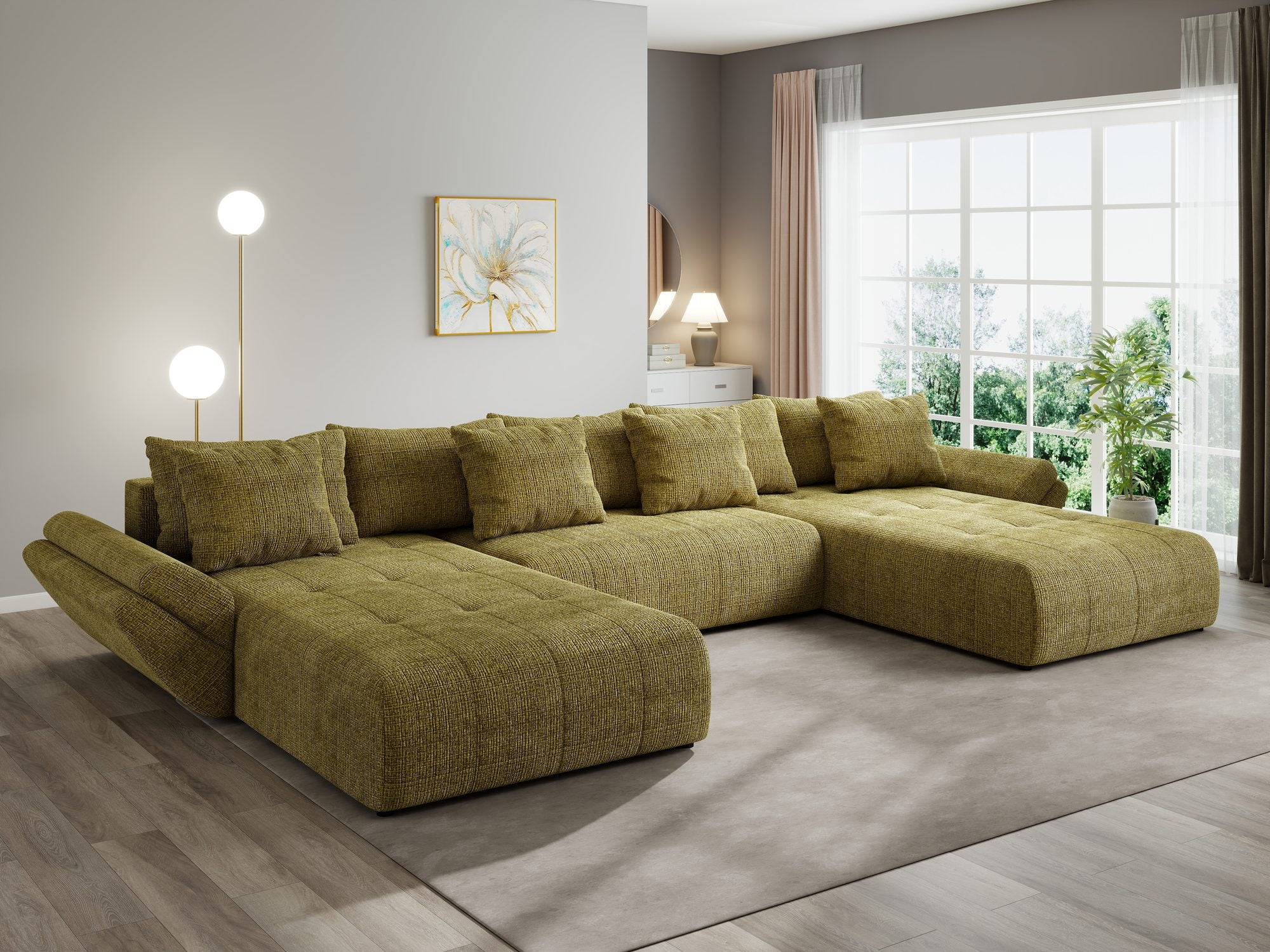 Colțar extensibil dumonde cu ladă de depozitare si sezut confortabil din spuma high-density, Berlin U Cremona Olive 38 380x180 cm