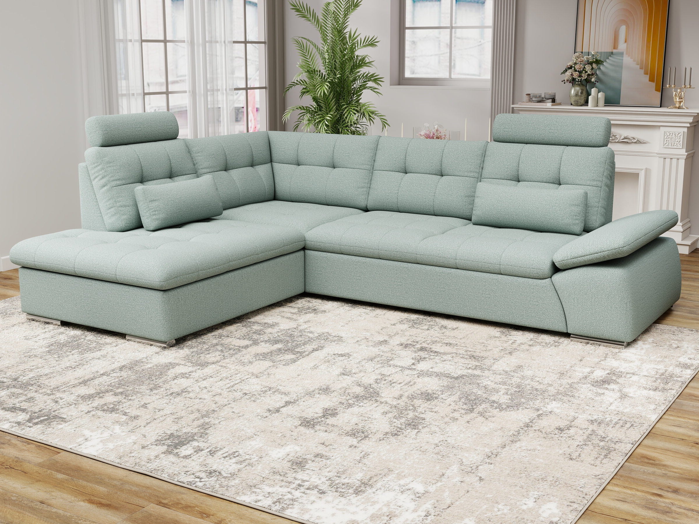 Colțar extensibil dumonde cu ladă de depozitare și șezut confortabil din spumă HR, Merkur XL Enjoy Verde Mint 256x217 cm