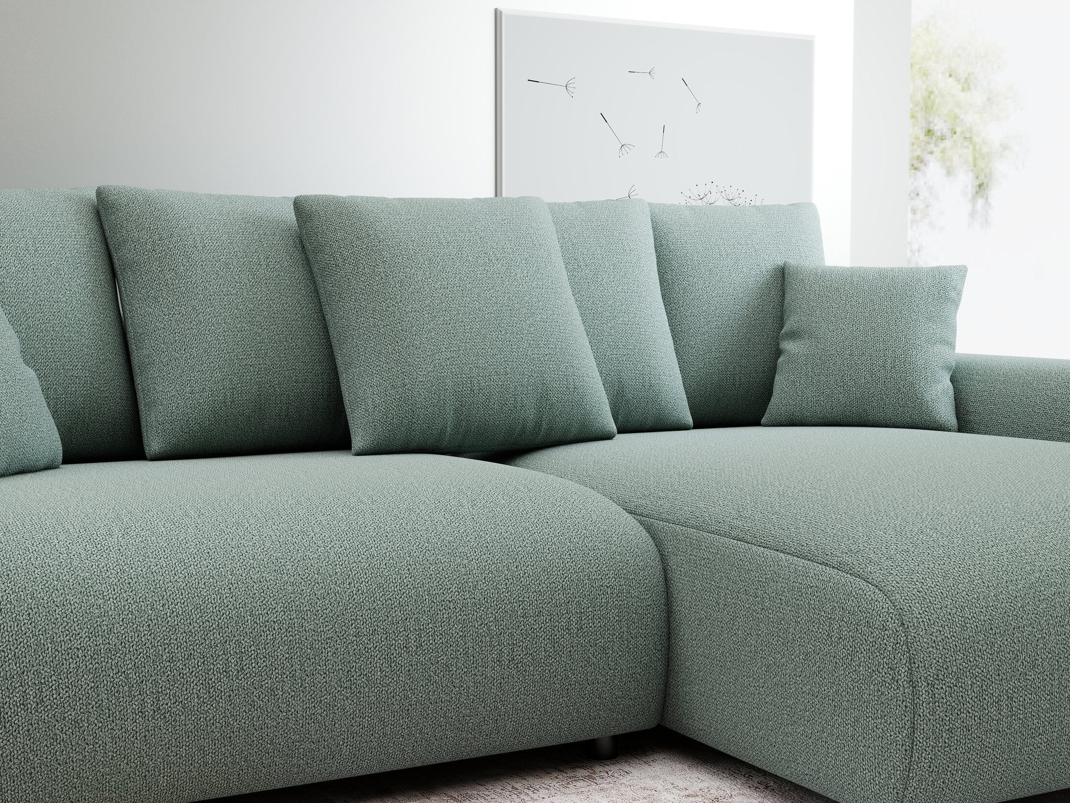 Colțar extensibil dumonde cu ladă de depozitare și șezut confortabil din spumă HR, Luma Enjoy Verde Mint 255x168 cm II