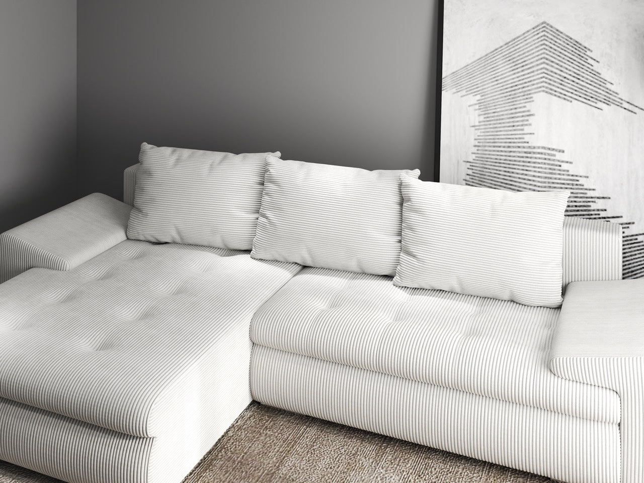 Colțar extensibil dumonde cu ladă de depozitare si sezut confortabil din spuma HR, Leonardo Zoom Crem 260x185 cm Fabrica