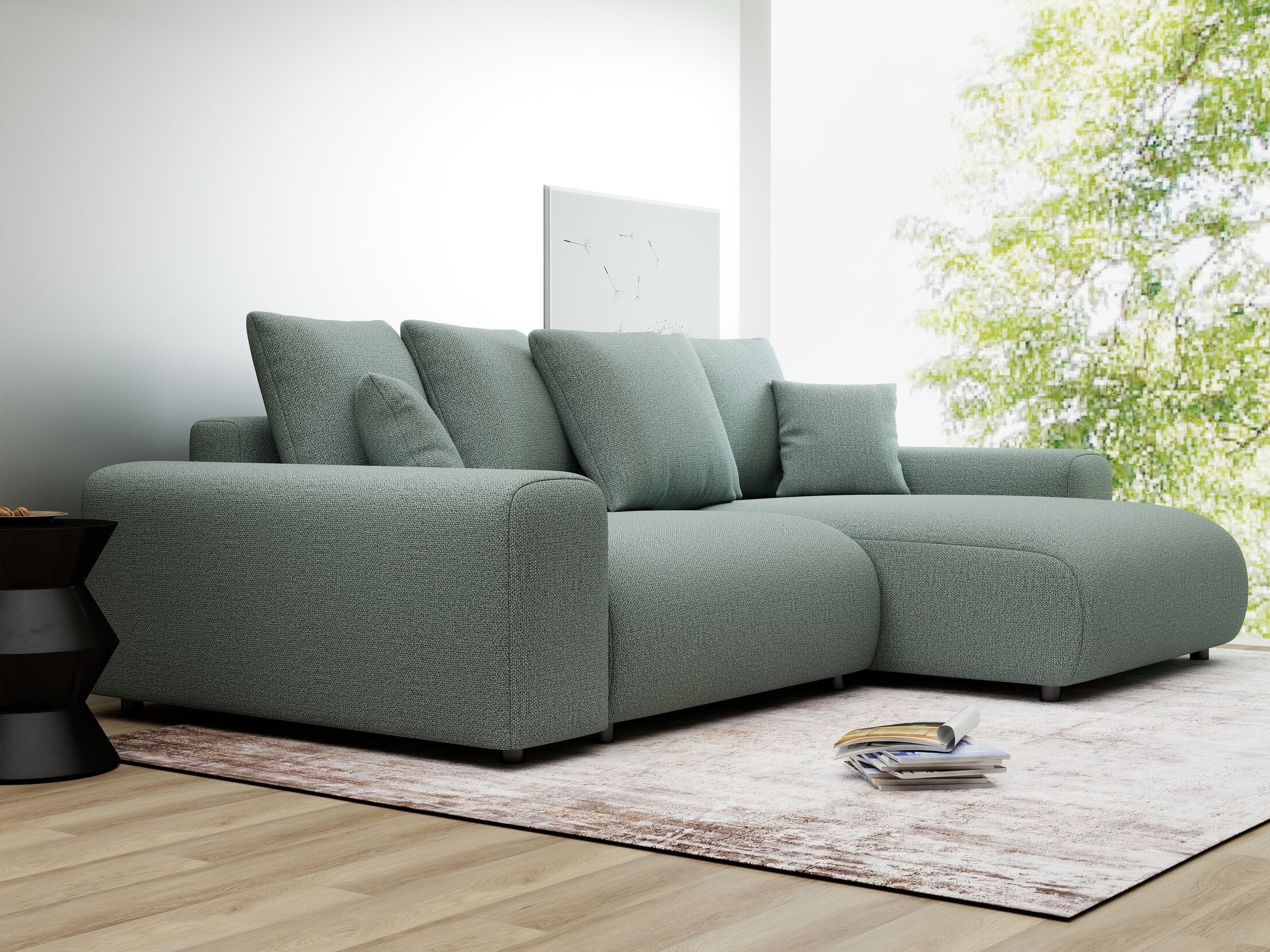 Colțar extensibil dumonde cu ladă de depozitare și șezut confortabil din spumă HR, Luma Enjoy Verde Mint 255x168 cm II