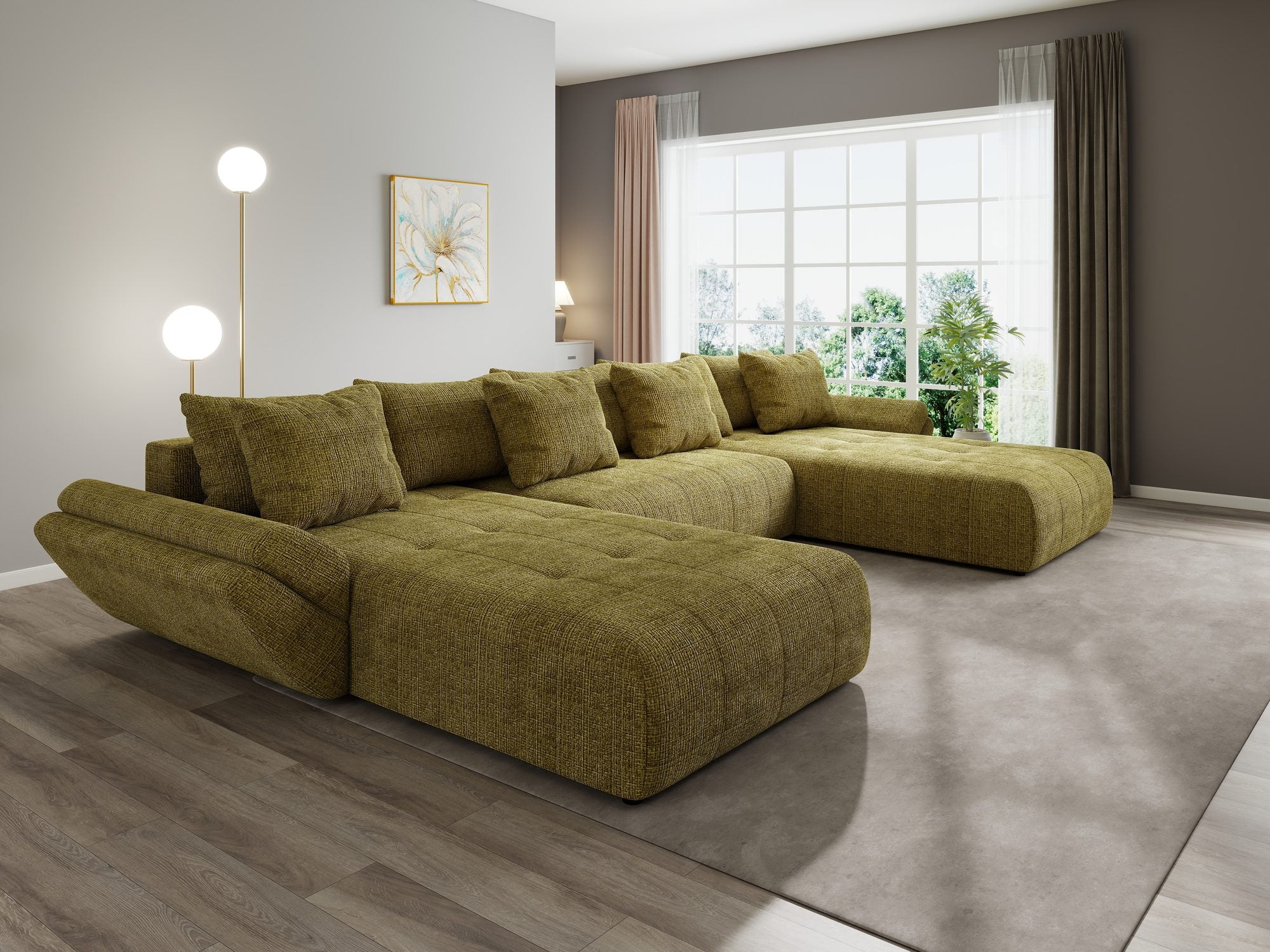 Colțar extensibil dumonde cu ladă de depozitare si sezut confortabil din spuma high-density, Berlin U Cremona Olive 38 380x180 cm