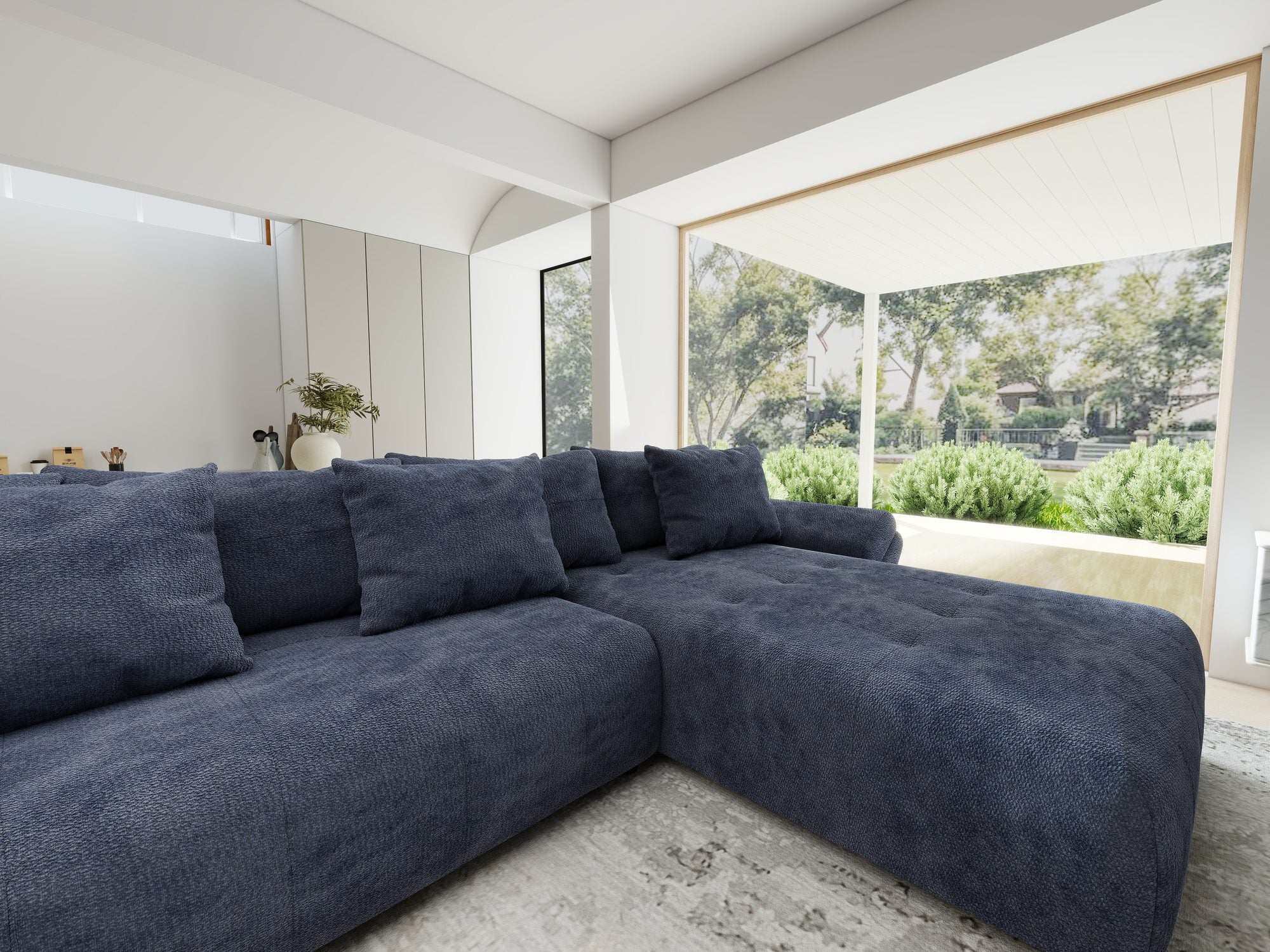 Colțar extensibil dumonde cu ladă de depozitare si sezut confortabil din spuma high-density, Berlin U Vibe Albastru 79 380x180 cm