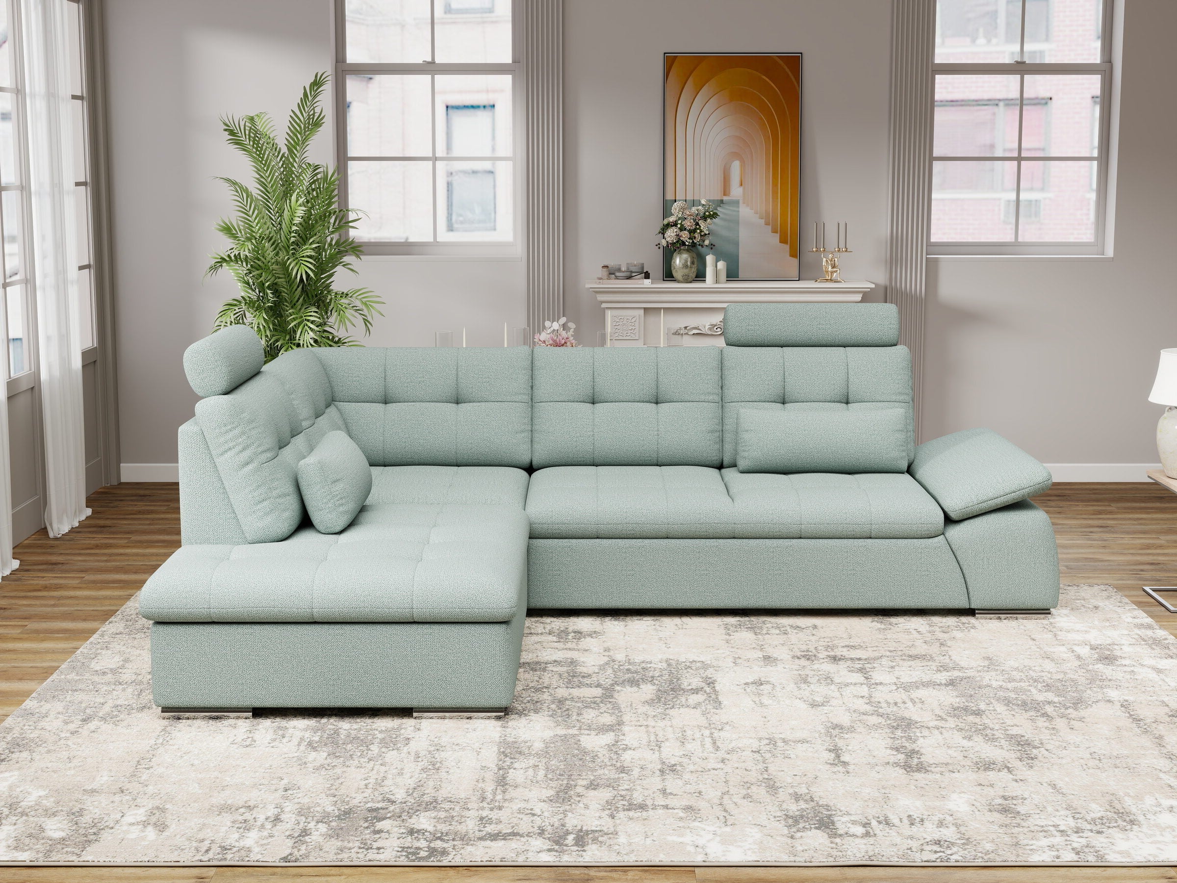 Colțar extensibil dumonde cu ladă de depozitare și șezut confortabil din spumă HR, Merkur XL Enjoy Verde Mint 256x217 cm