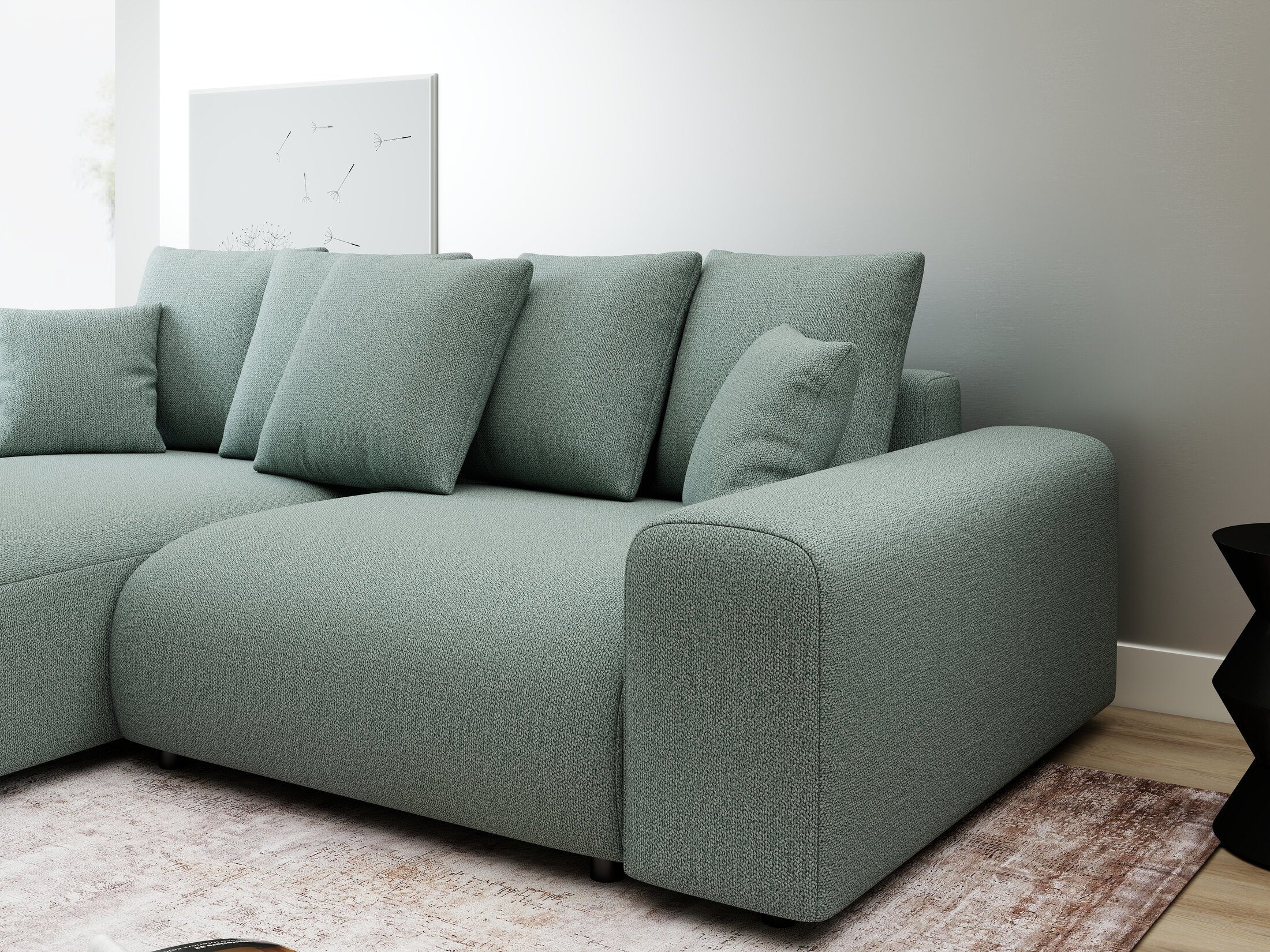 Colțar extensibil dumonde cu ladă de depozitare și șezut confortabil din spumă HR, Luma Enjoy Verde Mint 255x168 cm