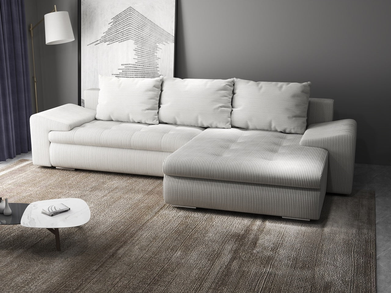 Colțar extensibil dumonde cu ladă de depozitare si sezut confortabil din spuma HR, Leonardo Zoom Crem 260x185 cm II Fabrica