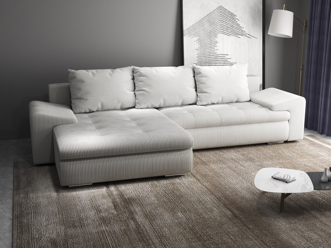 Colțar extensibil dumonde cu ladă de depozitare si sezut confortabil din spuma HR, Leonardo Zoom Crem 260x185 cm Fabrica