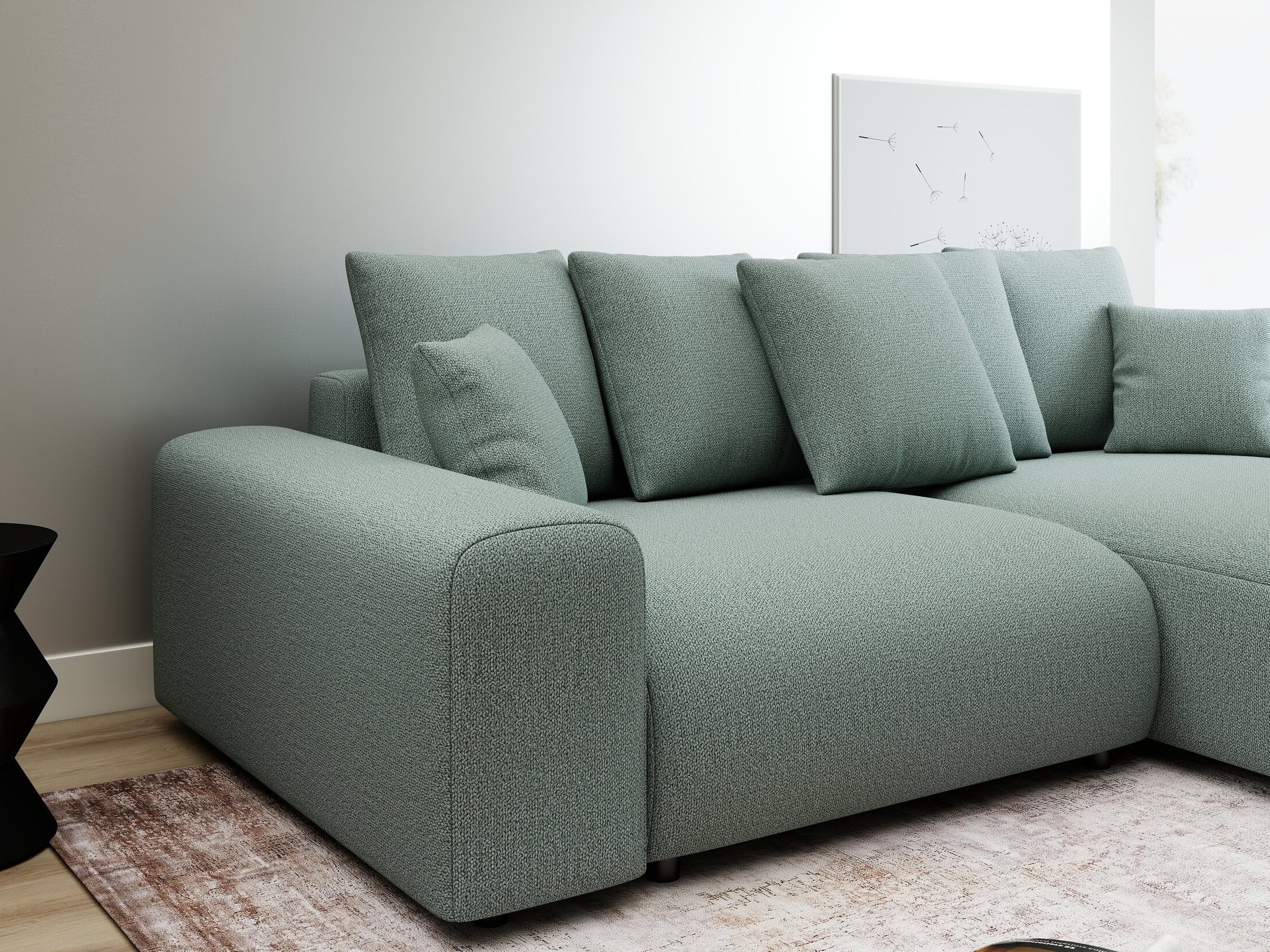 Colțar extensibil dumonde cu ladă de depozitare și șezut confortabil din spumă HR, Luma Enjoy Verde Mint 255x168 cm II