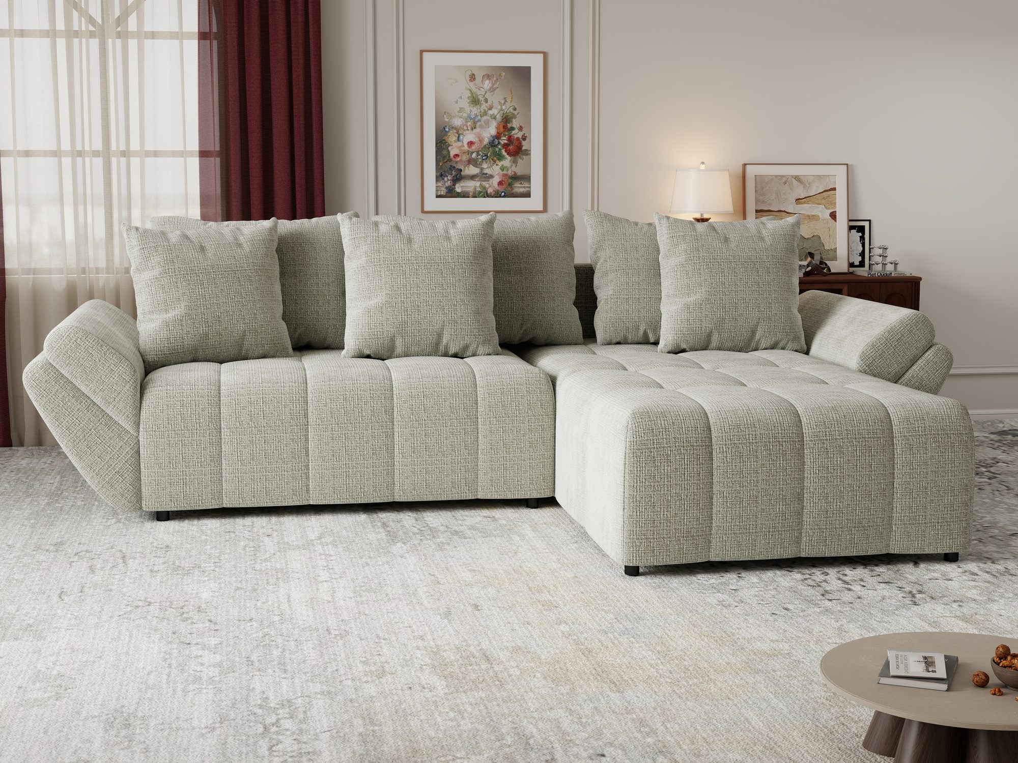 Colțar extensibil dumonde cu ladă de depozitare si sezut confortabil din spuma high-density, Berlin Cremona Bej 04 II 280x185 cm