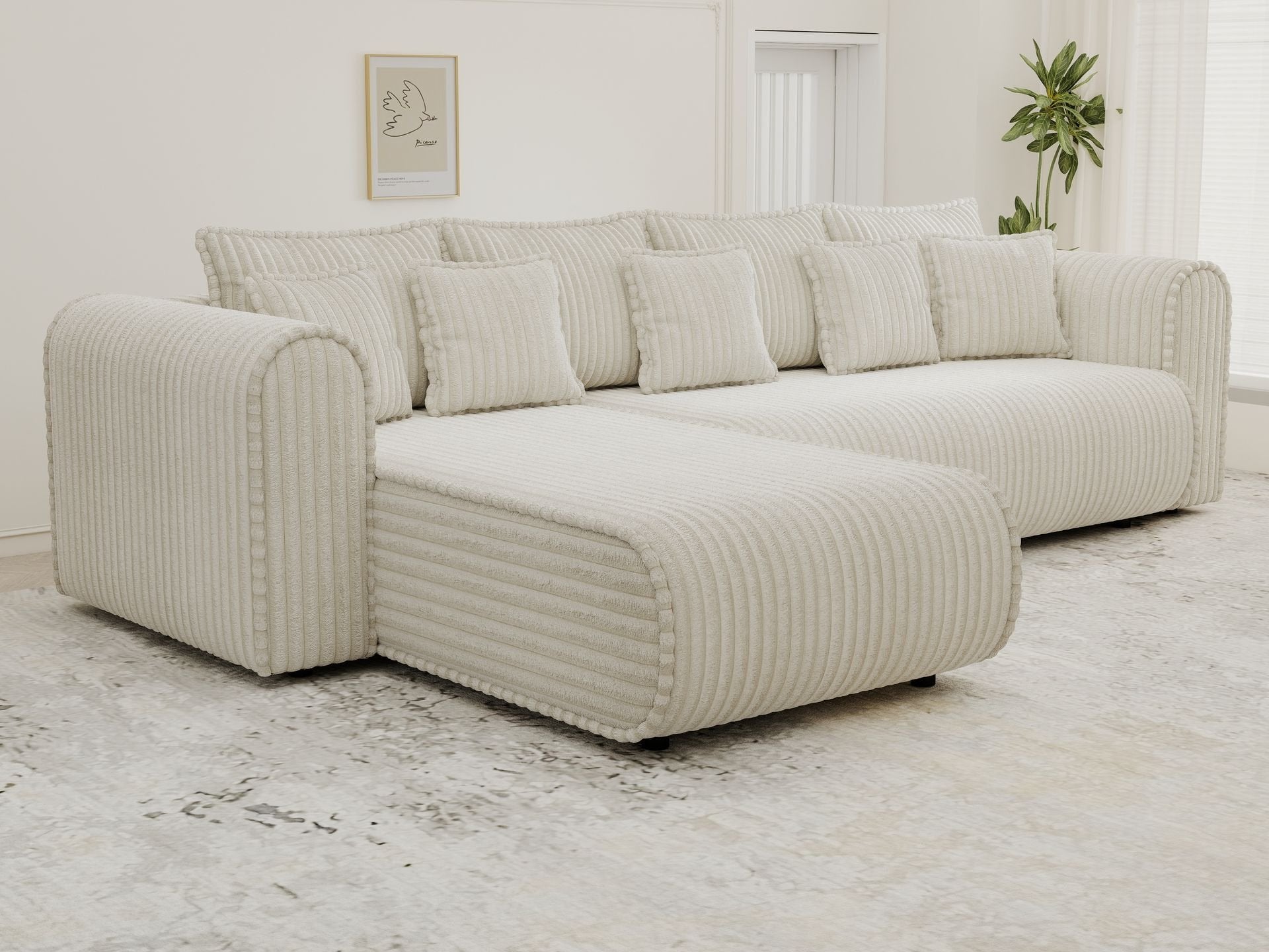 Colțar extensibil dumonde cu ladă de depozitare si sezut confortabil din spuma high-density, Monaco XL Tilia Crem 340x185 cm