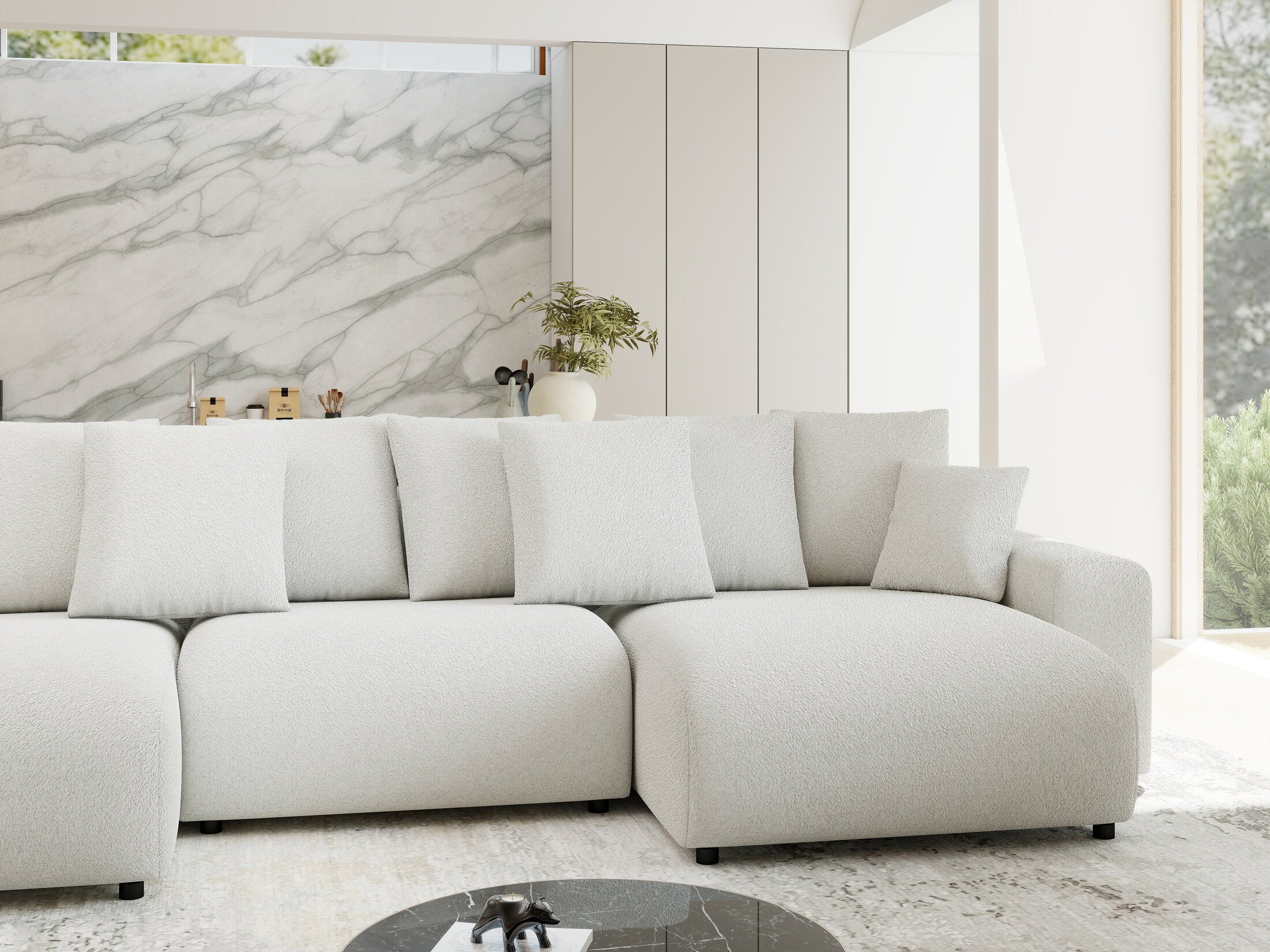 Colțar extensibil dumonde cu ladă de depozitare si sezut confortabil din spuma HR, Luma U Euphoria Alb 336x140 cm