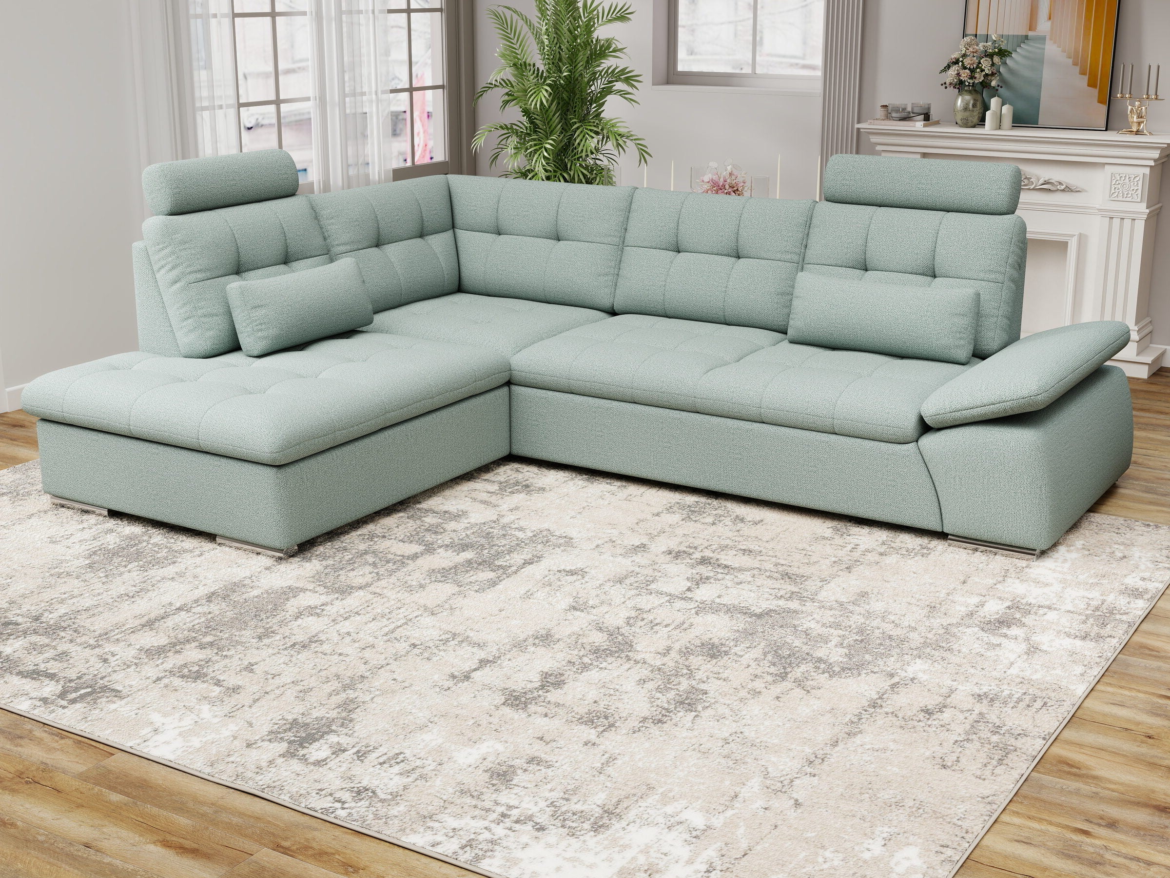 Colțar extensibil dumonde cu ladă de depozitare și șezut confortabil din spumă HR, Merkur XL Enjoy Verde Mint 256x217 cm