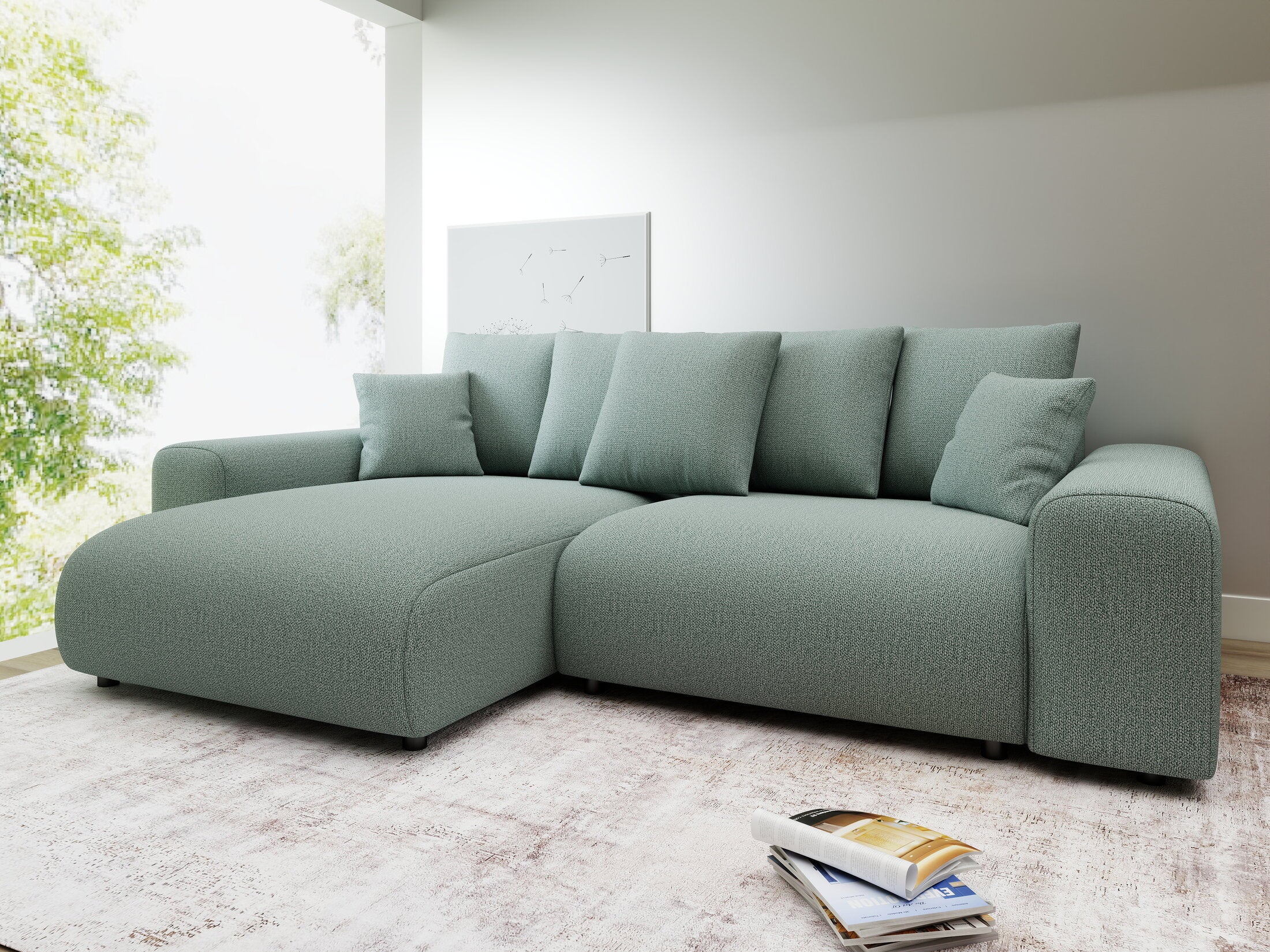 Colțar extensibil dumonde cu ladă de depozitare și șezut confortabil din spumă HR, Luma Enjoy Verde Mint 255x168 cm