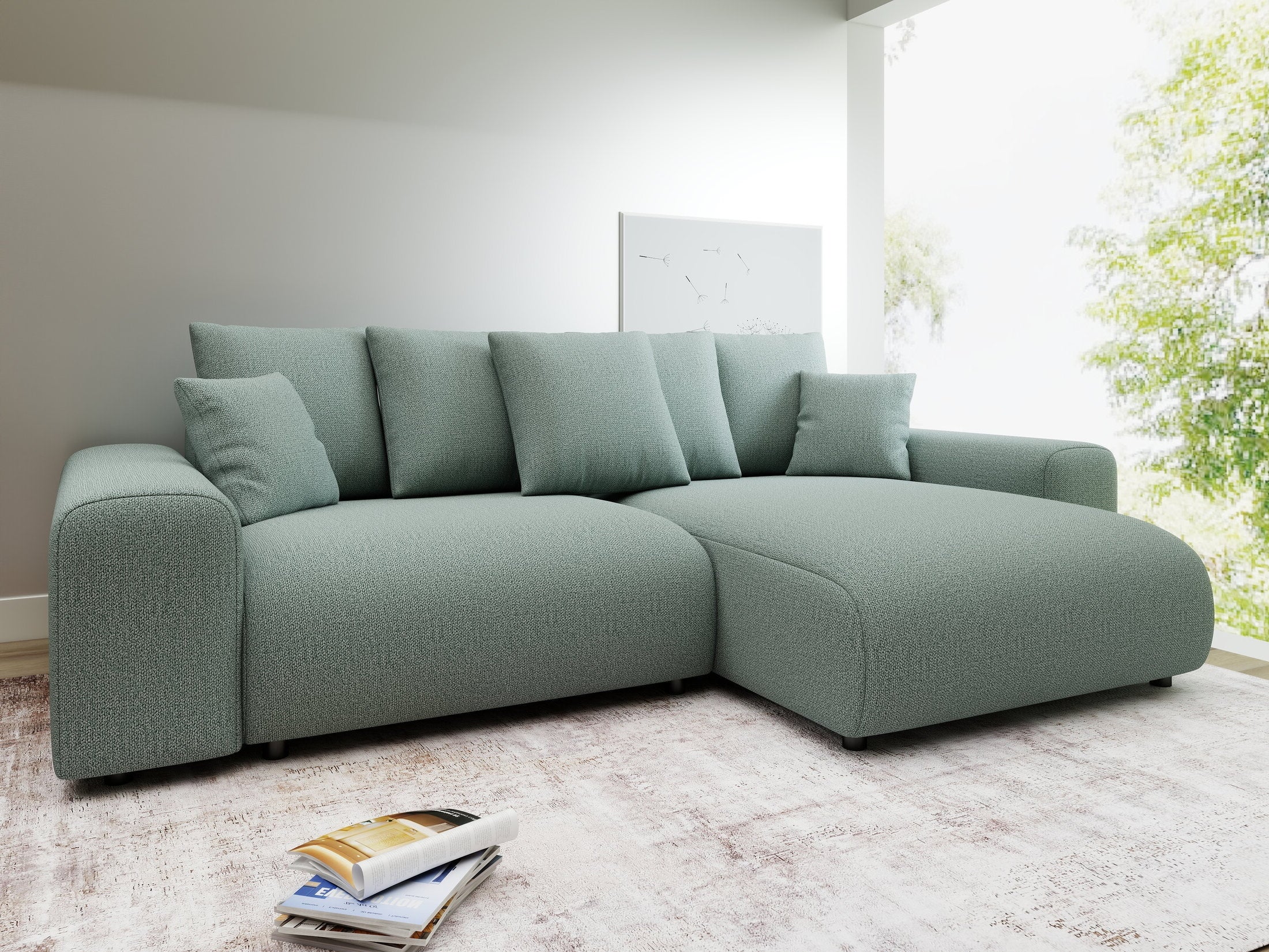 Colțar extensibil dumonde cu ladă de depozitare și șezut confortabil din spumă HR, Luma Enjoy Verde Mint 255x168 cm II