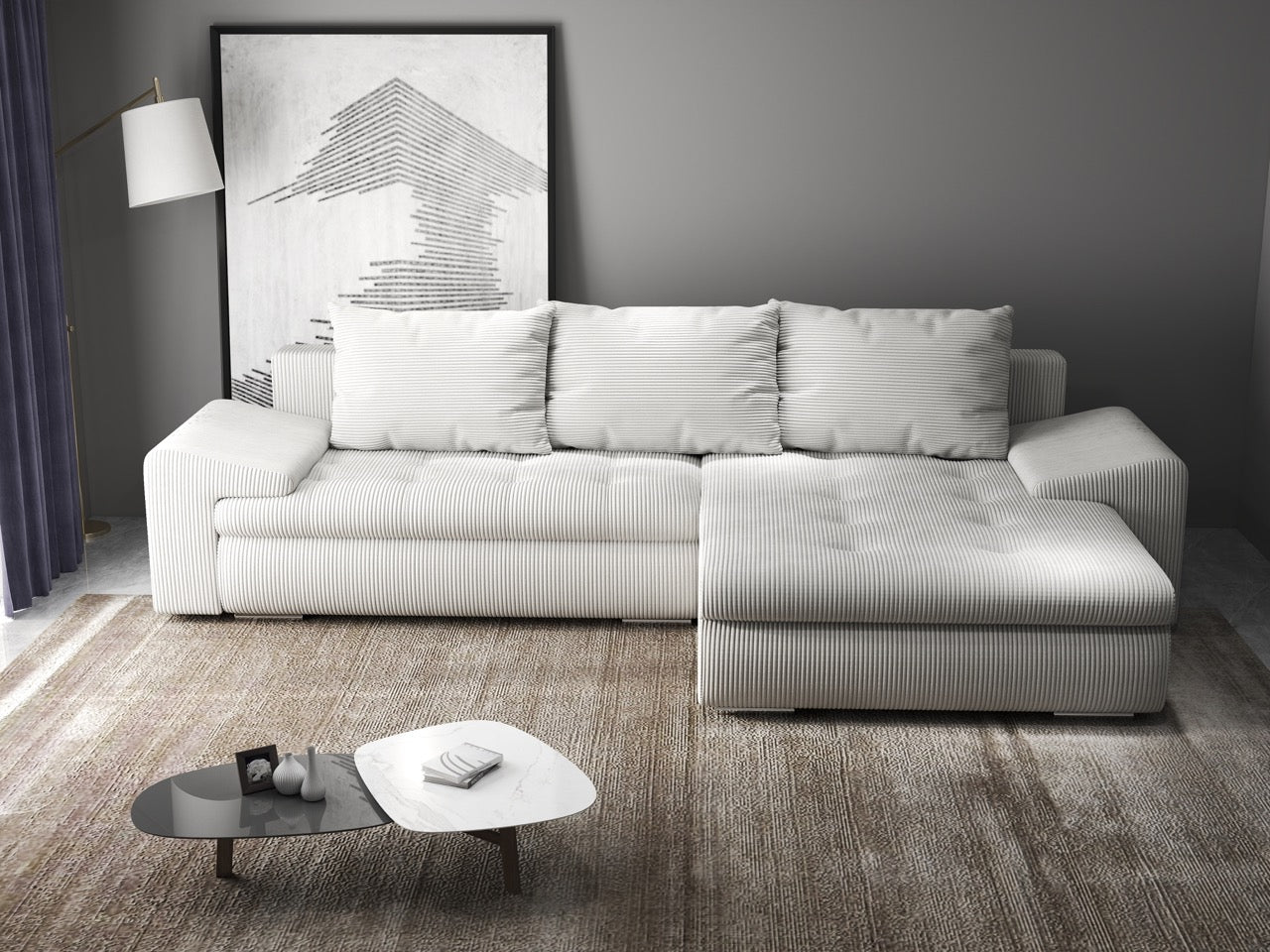 Colțar extensibil dumonde cu ladă de depozitare si sezut confortabil din spuma HR, Leonardo Zoom Crem 260x185 cm II Fabrica