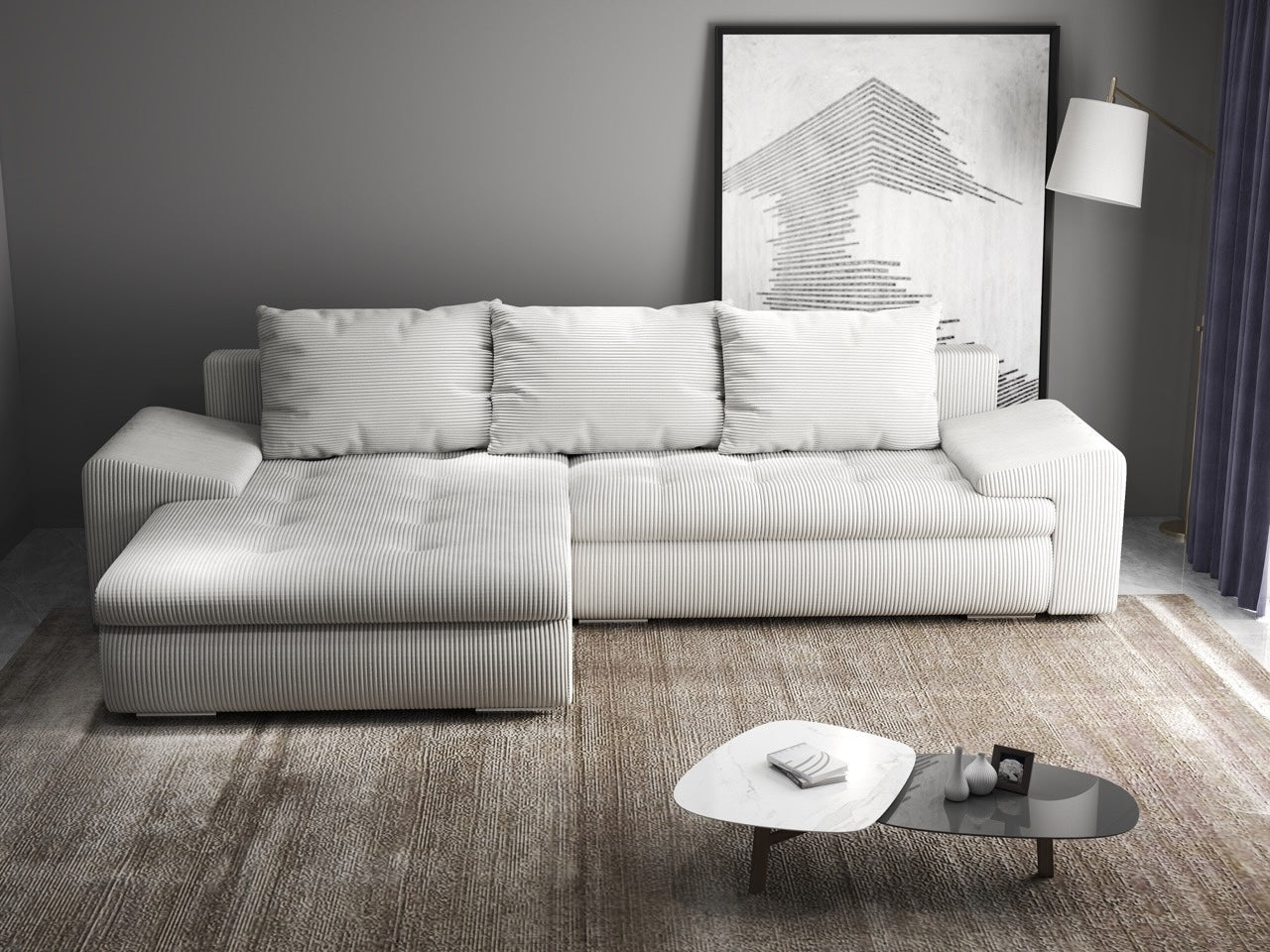 Colțar extensibil dumonde cu ladă de depozitare si sezut confortabil din spuma HR, Leonardo Zoom Crem 260x185 cm Fabrica