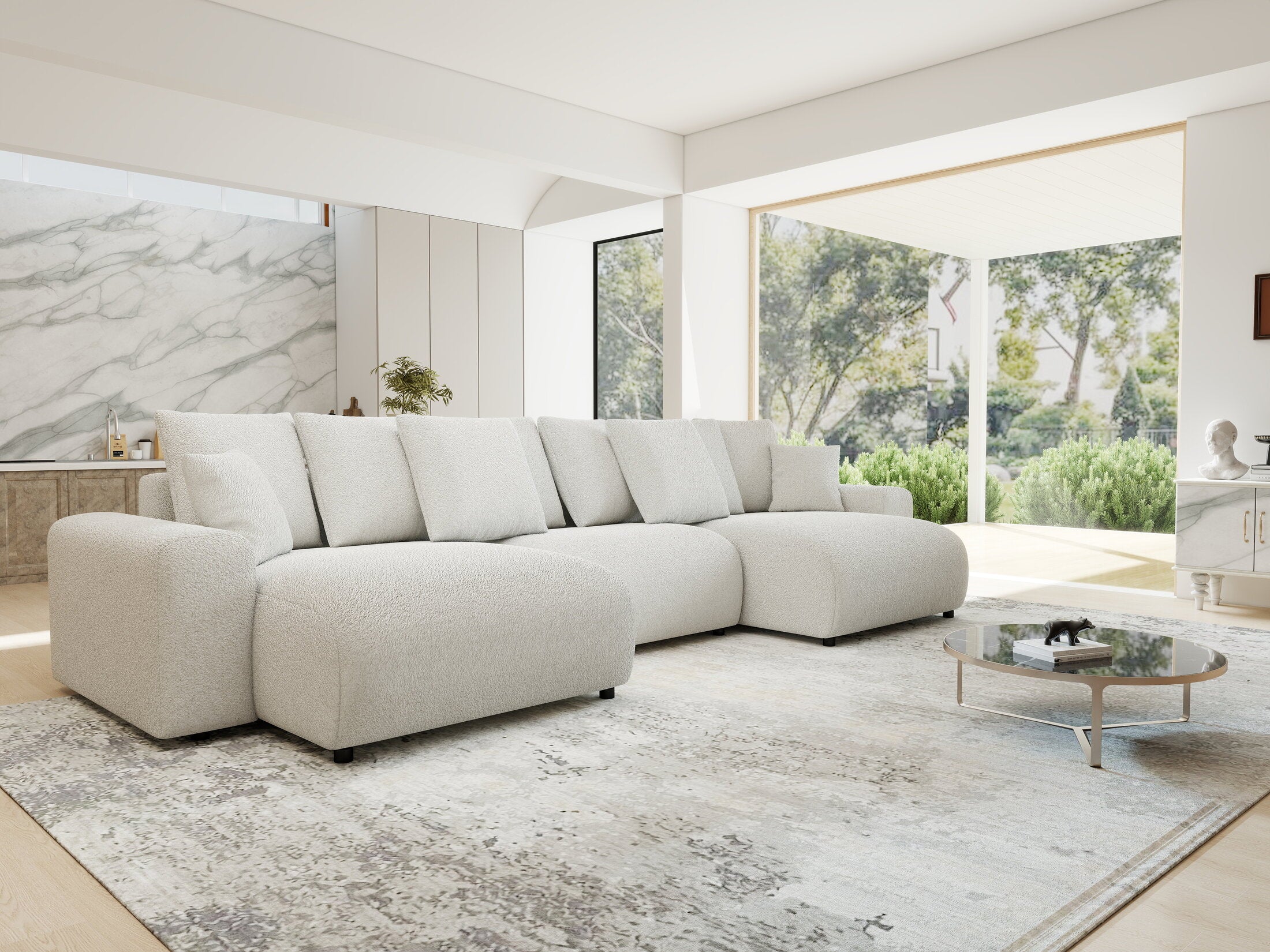 Colțar extensibil dumonde cu ladă de depozitare si sezut confortabil din spuma HR, Luma U Euphoria Alb 336x140 cm