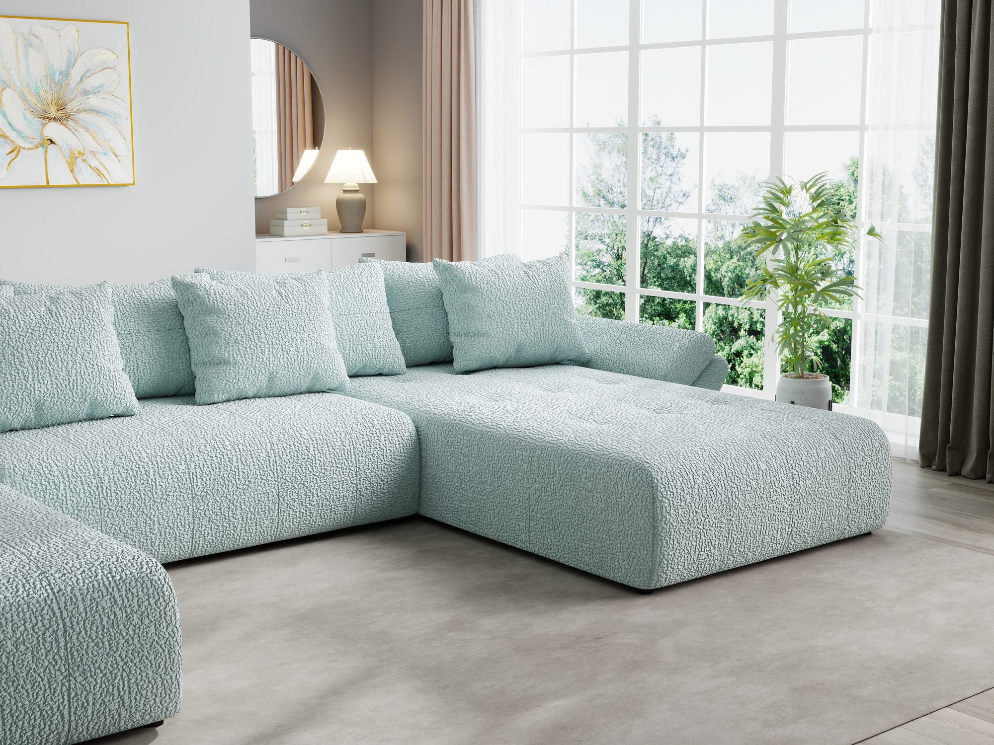 Colțar extensibil dumonde cu ladă de depozitare si sezut confortabil din spuma high-density, Berlin U Jaguar Verde Mint 16 380x180 cm