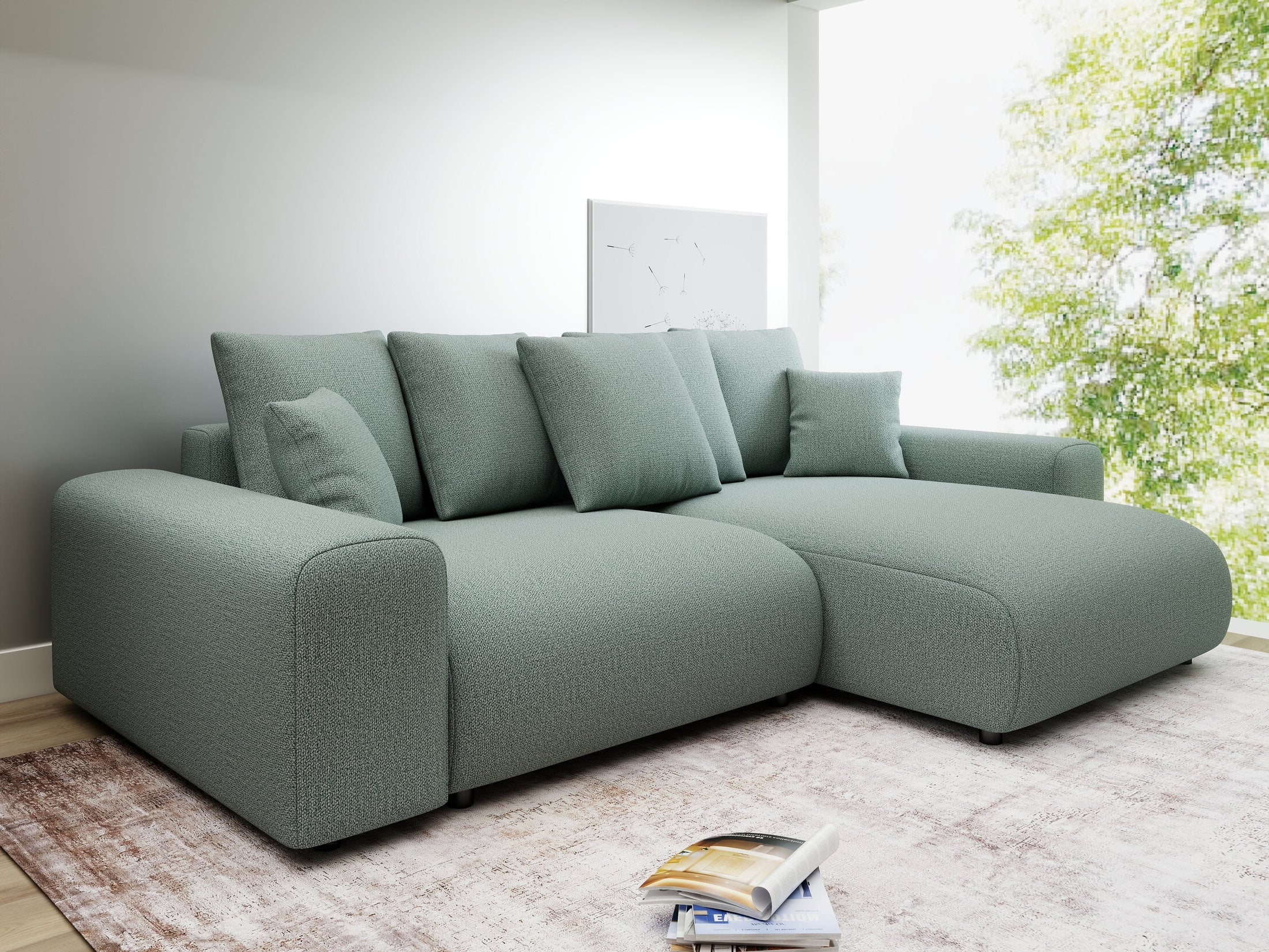 Colțar extensibil dumonde cu ladă de depozitare și șezut confortabil din spumă HR, Luma Enjoy Verde Mint 255x168 cm II