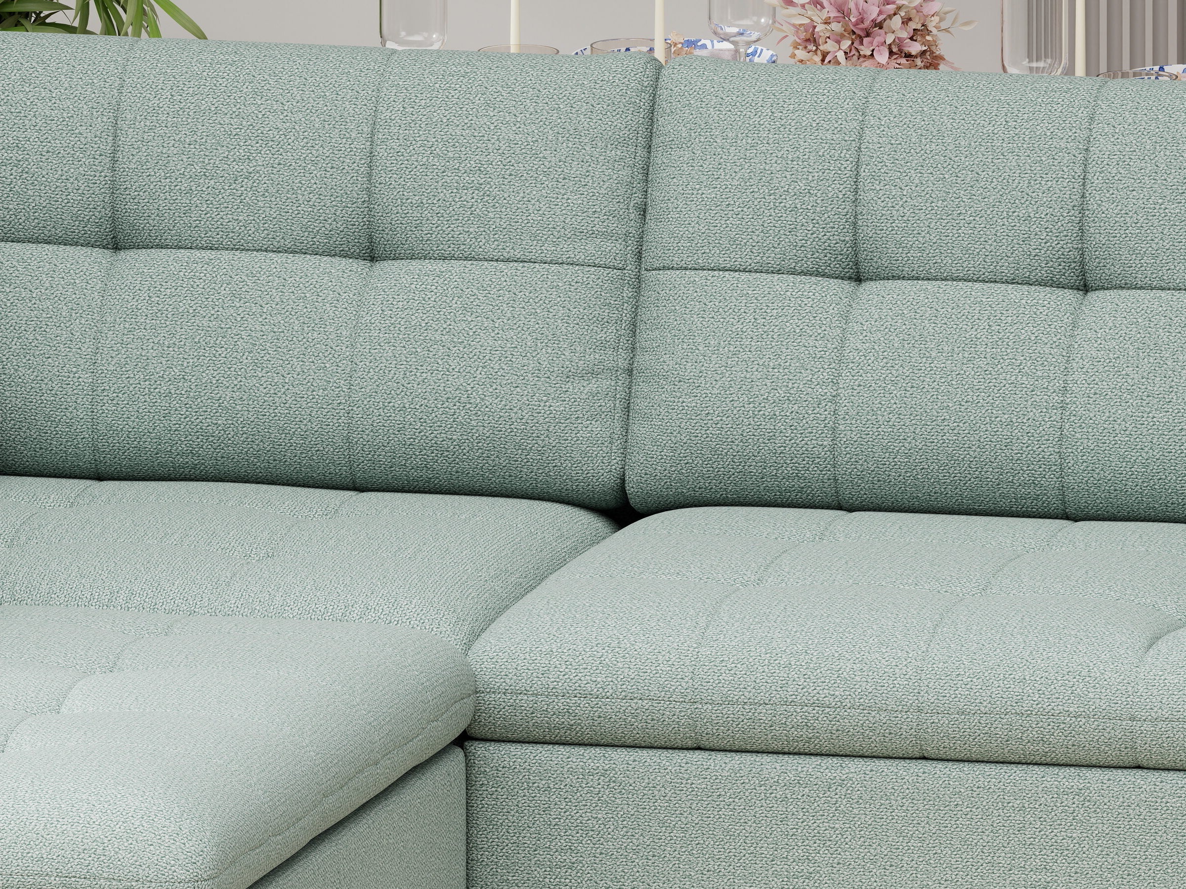 Colțar extensibil dumonde cu ladă de depozitare și șezut confortabil din spumă HR, Merkur XL Enjoy Verde Mint 256x217 cm