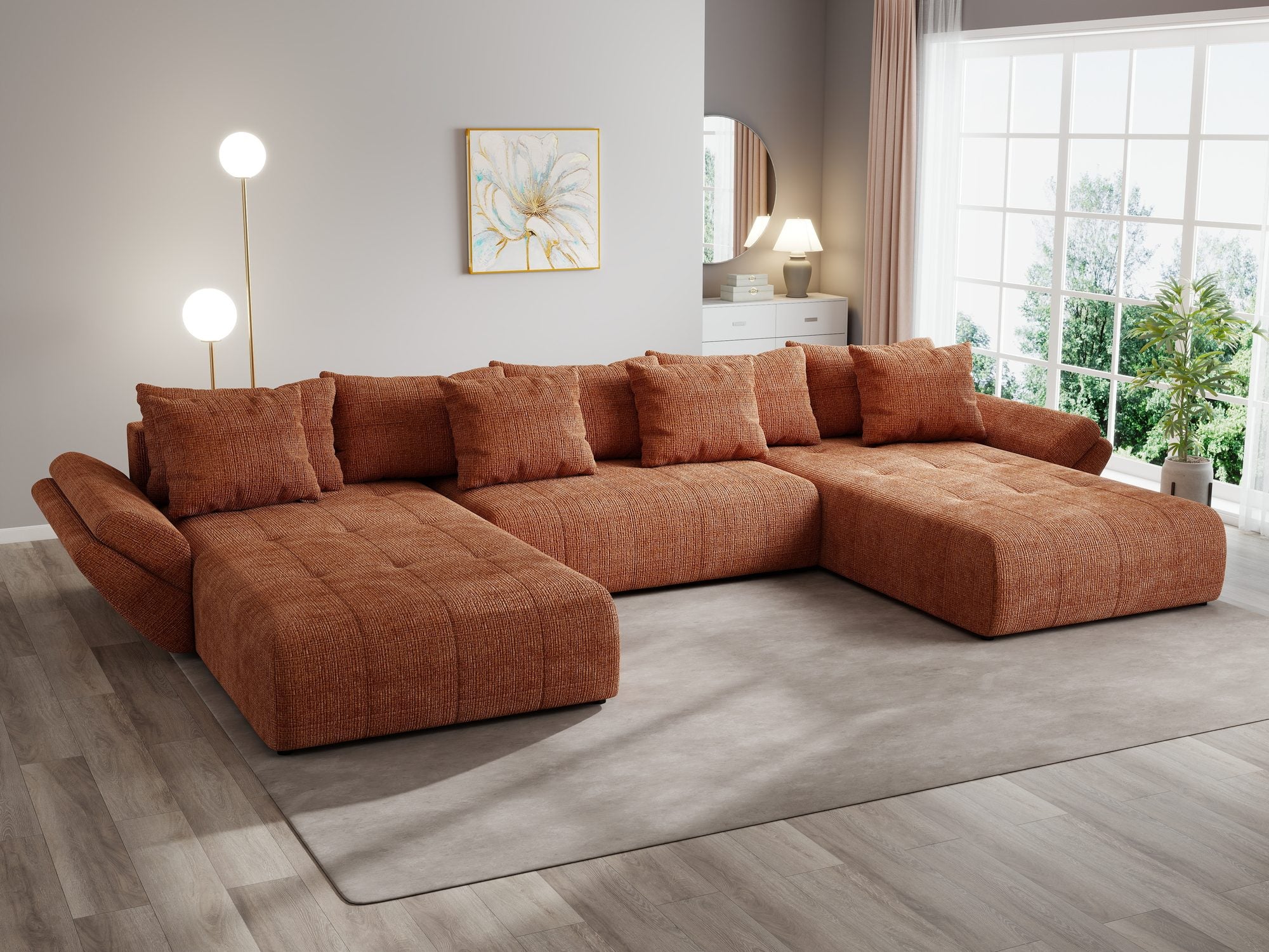 Colțar extensibil dumonde cu ladă de depozitare si sezut confortabil din spuma high-density, Berlin U Cremona Teracota 52 380x180 cm