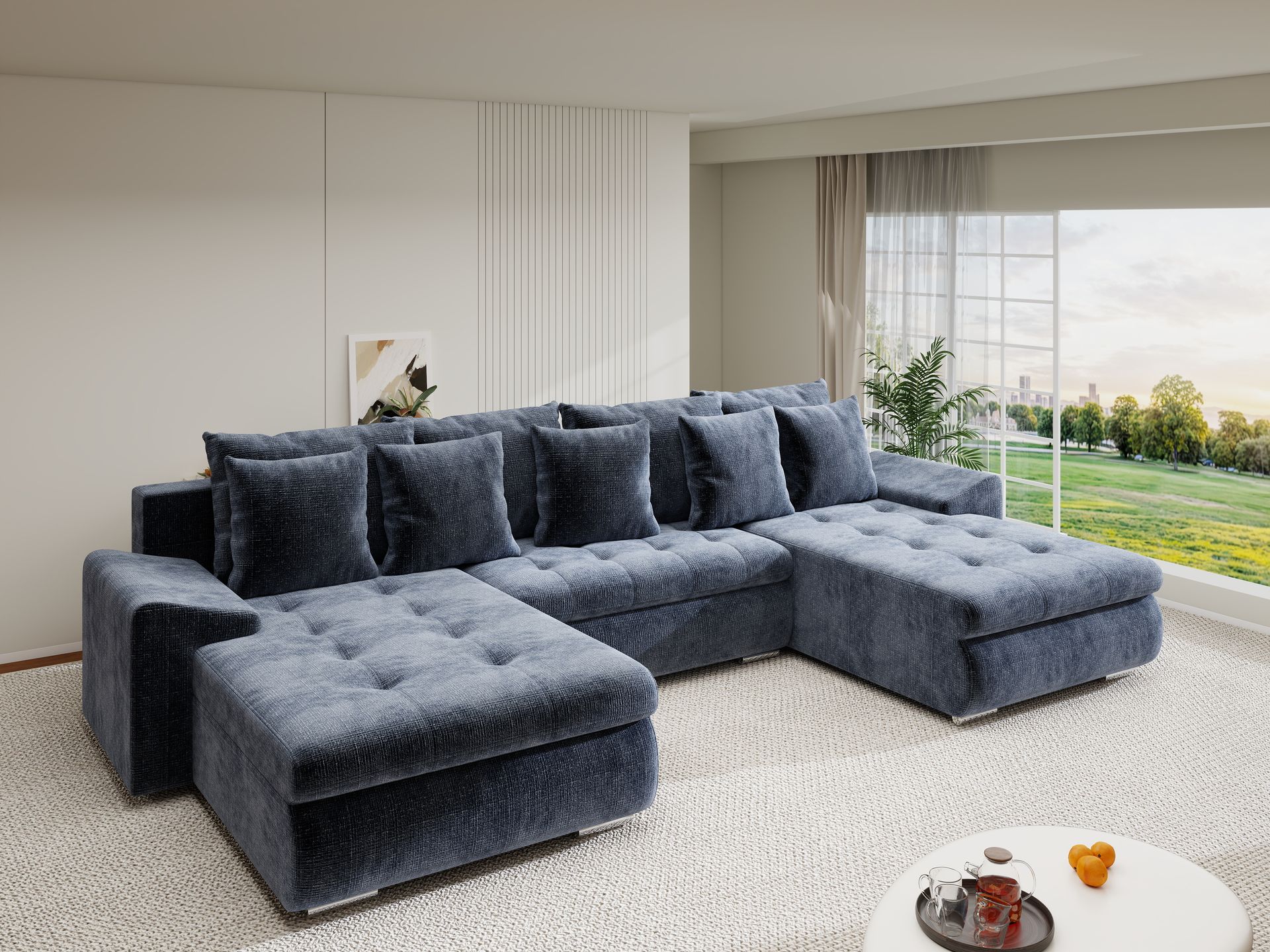 Colțar extensibil dumonde cu ladă de depozitare si sezut confortabil din spuma high-density, Leonardo U Cremona Albastru 79 360x185 cm