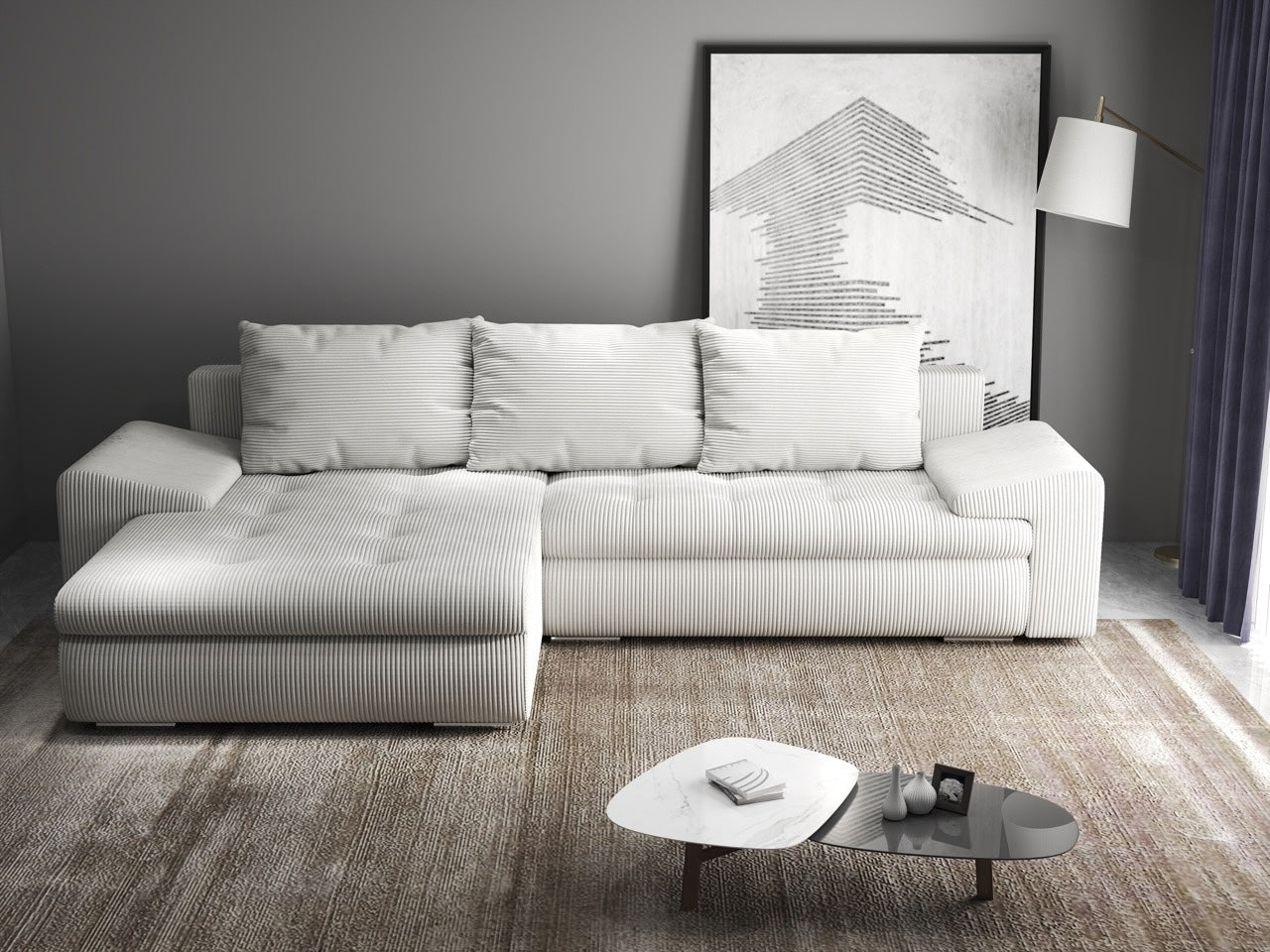 Colțar extensibil dumonde cu ladă de depozitare si sezut confortabil din spuma HR, Leonardo Zoom Crem 260x185 cm Fabrica