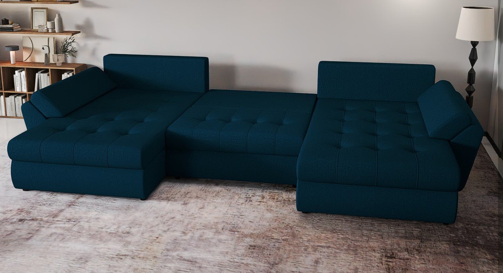 Colțar extensibil dumonde cu ladă de depozitare si sezut confortabil din spuma HR, Loana U Enjoy Petrol 355x185 cm Fabrica