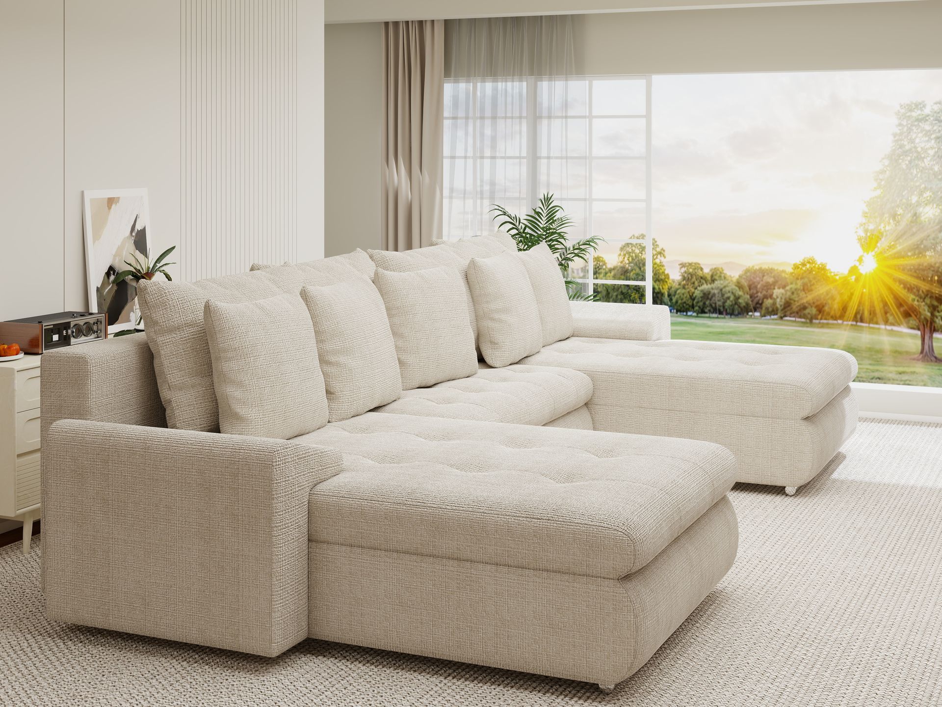 Colțar extensibil dumonde cu ladă de depozitare si sezut confortabil din spuma high-density, Leonardo U Cremona Gri Deschis 02 360x185 cm
