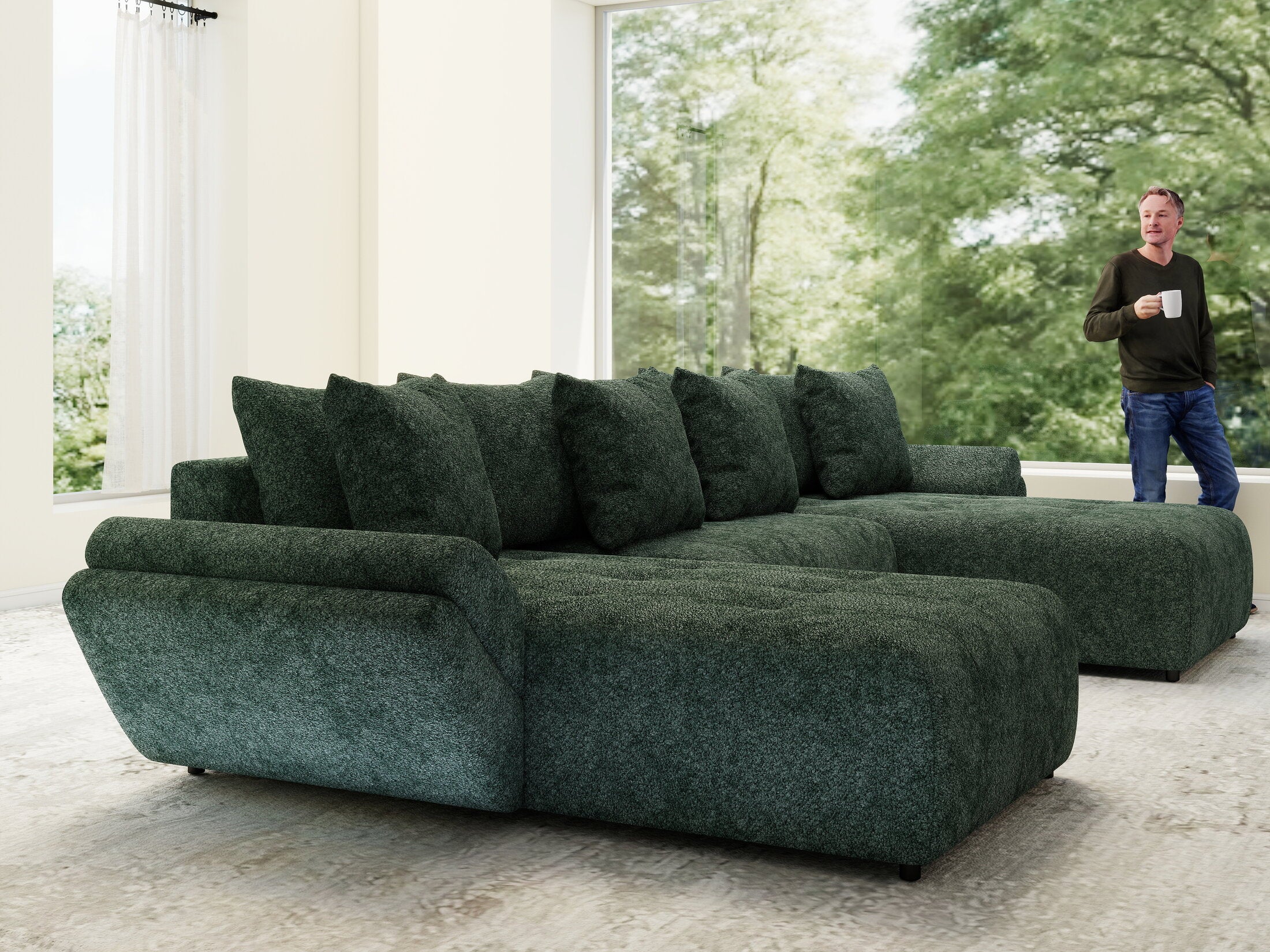 Colțar extensibil dumonde cu ladă de depozitare si sezut confortabil din spuma HR, Berlin U Euphoria Verde 380x180 cm